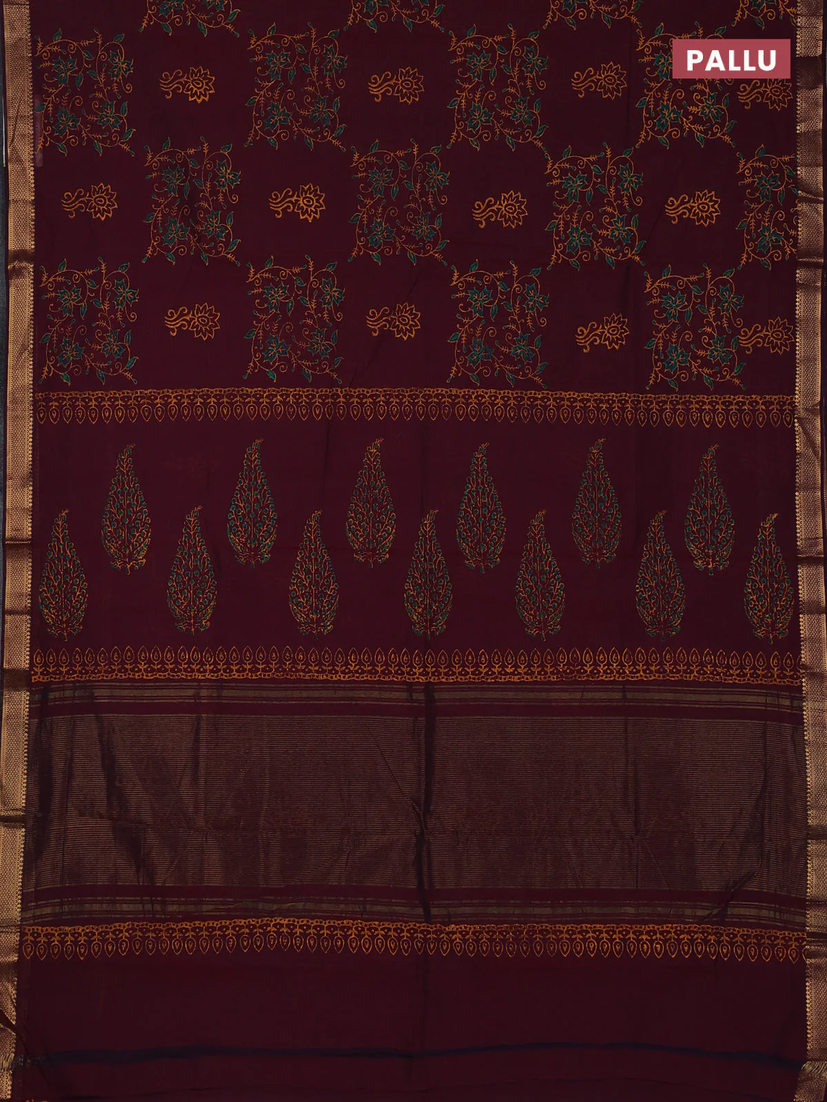 Mangalagiri cotton block printed saree wine shade with allover prints and mangalgiri border - Image 3