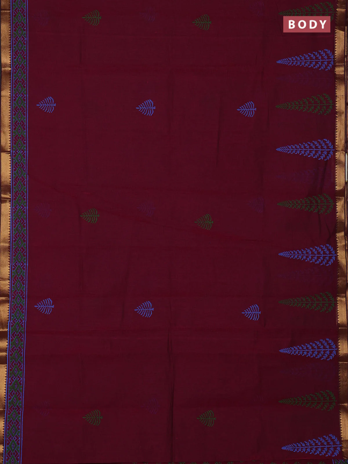 Mangalagiri cotton block printed saree wine shade with butta prints and mangalgiri border - Image 2