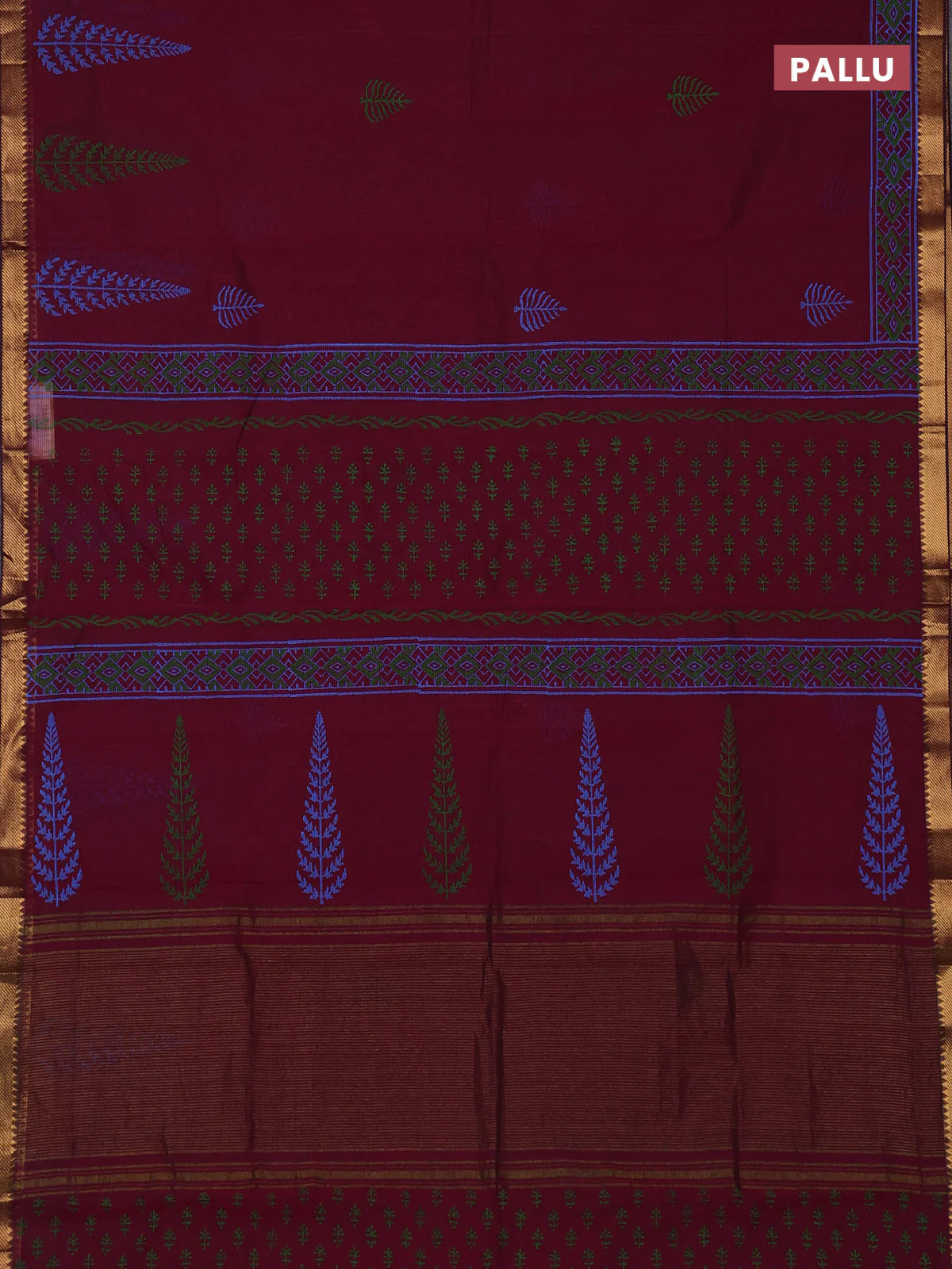 Mangalagiri cotton block printed saree wine shade with butta prints and mangalgiri border - Image 3