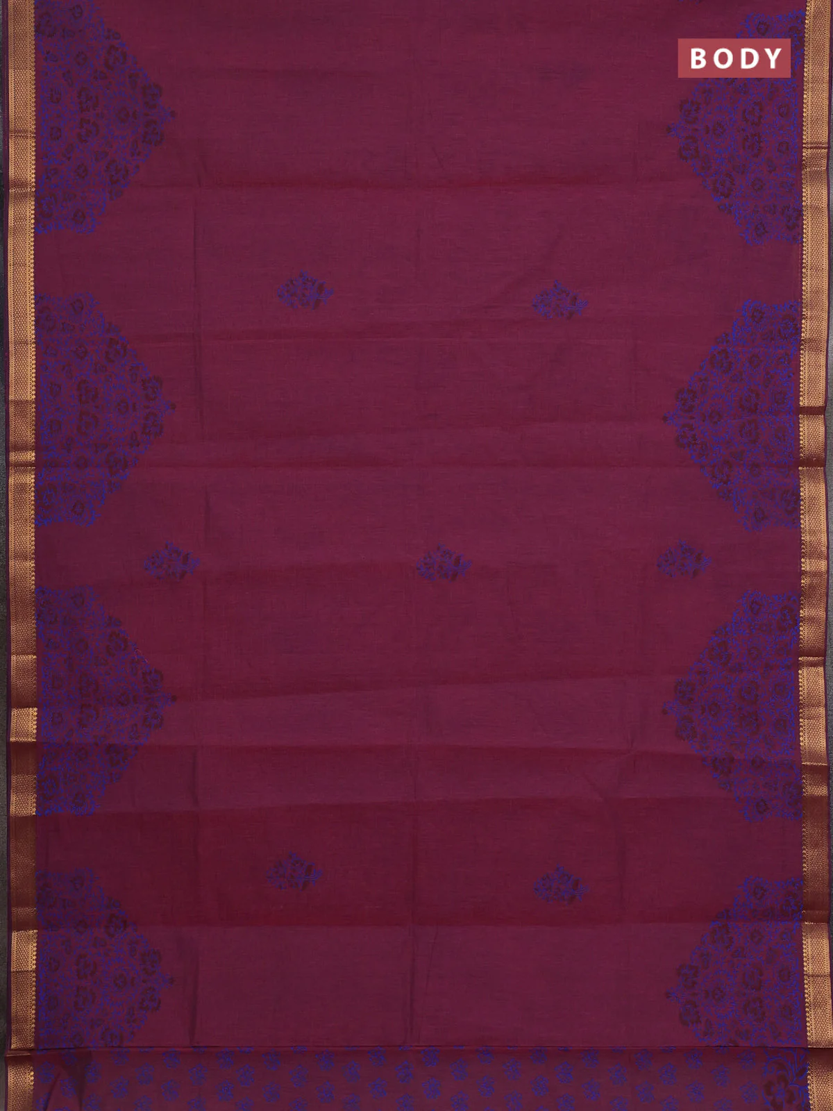 Mangalagiri cotton block printed saree wine shade with butta prints and mangalgiri border - Image 2