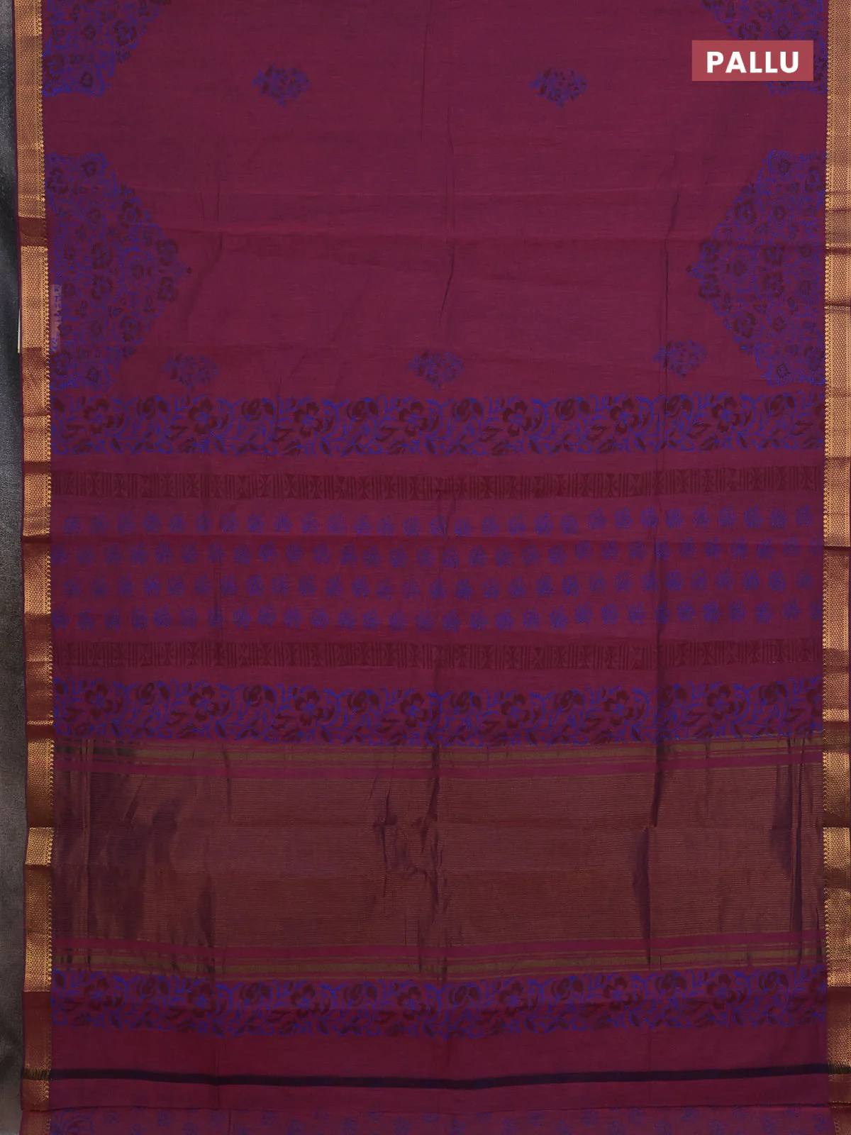 Mangalagiri cotton block printed saree wine shade with butta prints and mangalgiri border - Image 3