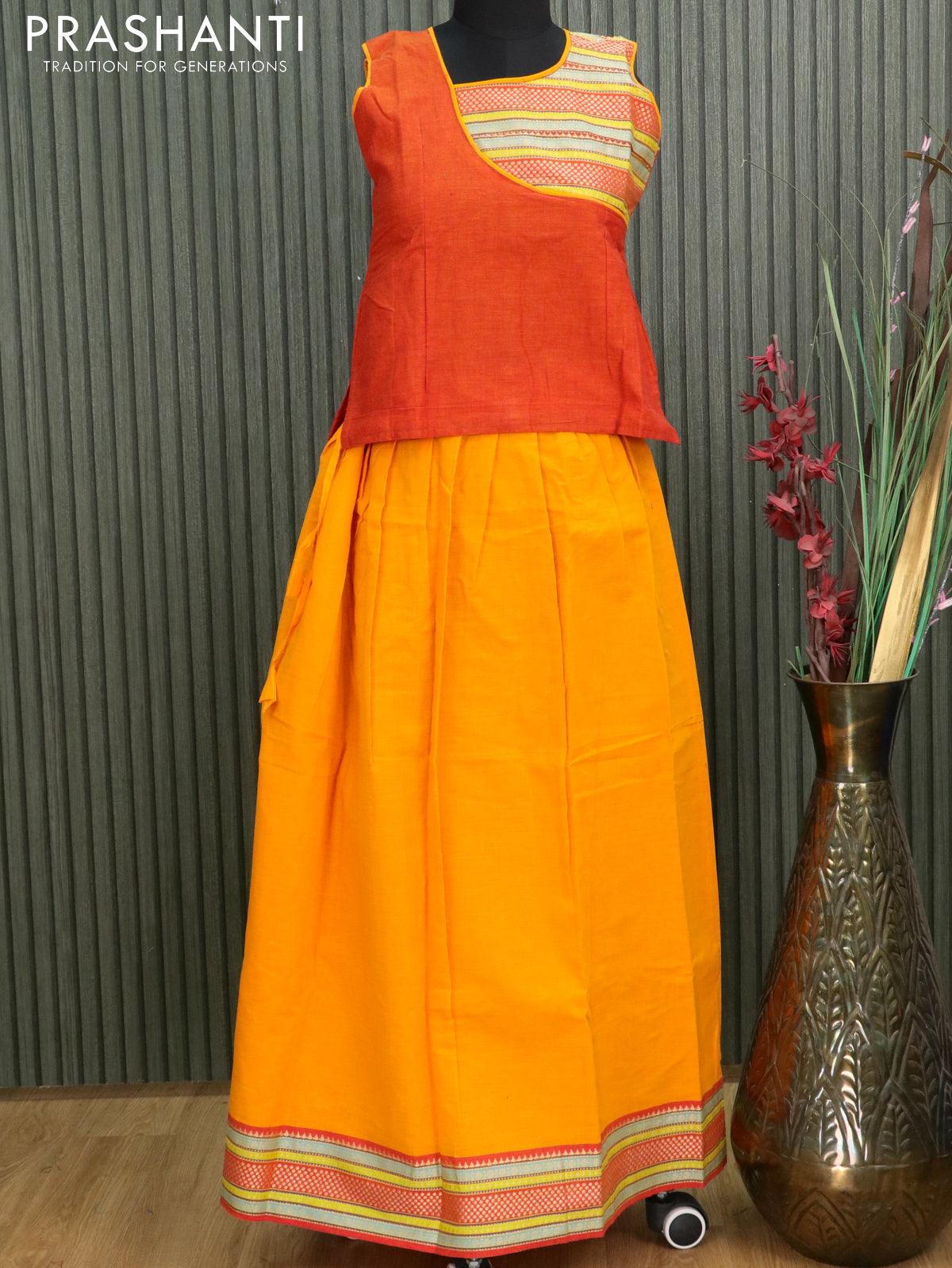Mangalgiri cotton kids lehanga rustic orange and mango yellow with patch work neck pattern and woven border - sleeves attached for 12 years