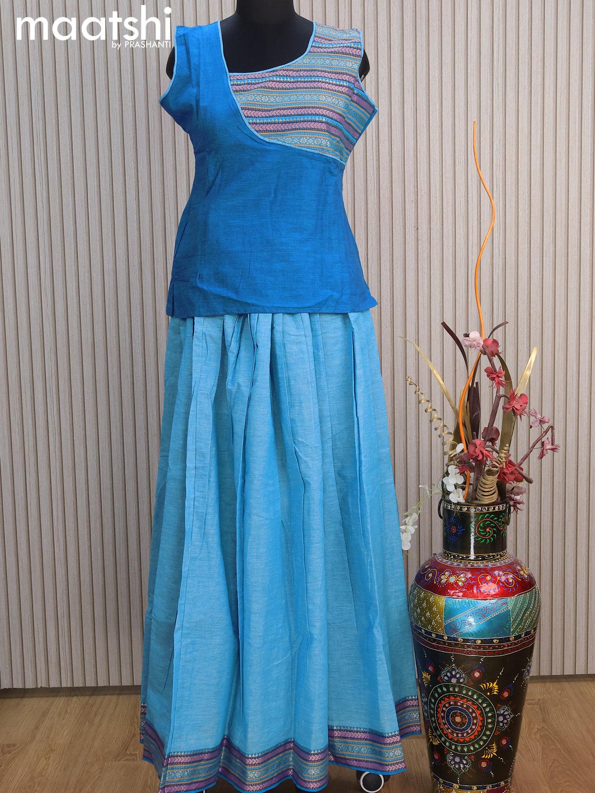 Mangalgiri cotton kids lehenga cs blue and light blue with patch work neck pattern and woven border for 15 years