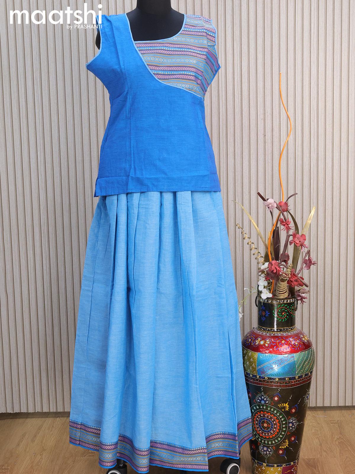 Mangalgiri cotton kids lehenga cs blue and light blue with patch work neck pattern and woven border for 16 years