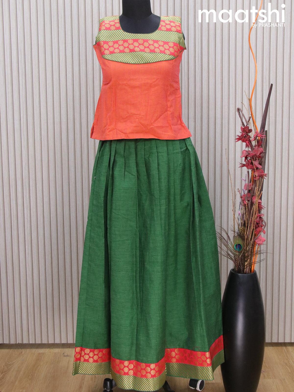 Mangalgiri cotton kids lehenga dual shade of pinkish orange and green with patch work neck pattern and zari woven border Sleeve attached