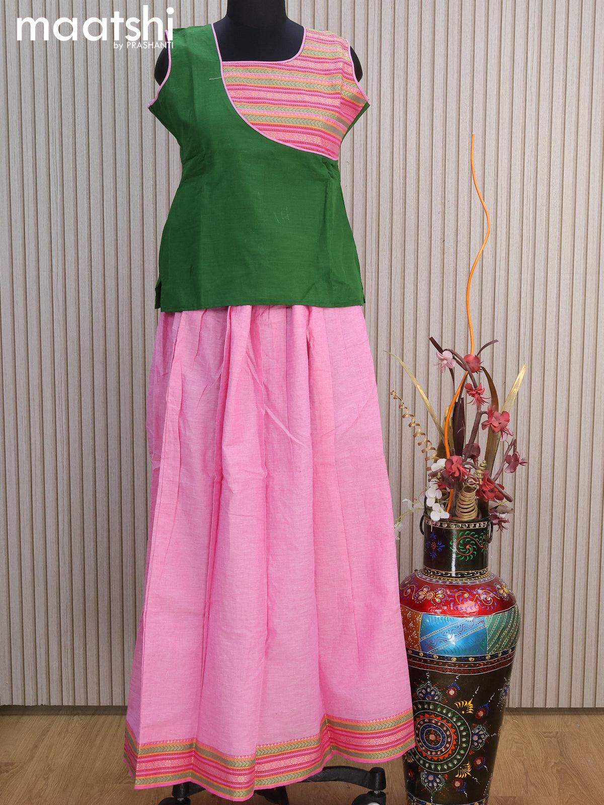Mangalgiri cotton kids lehenga green and light pink with patch work neck pattern and woven border for 14 years
