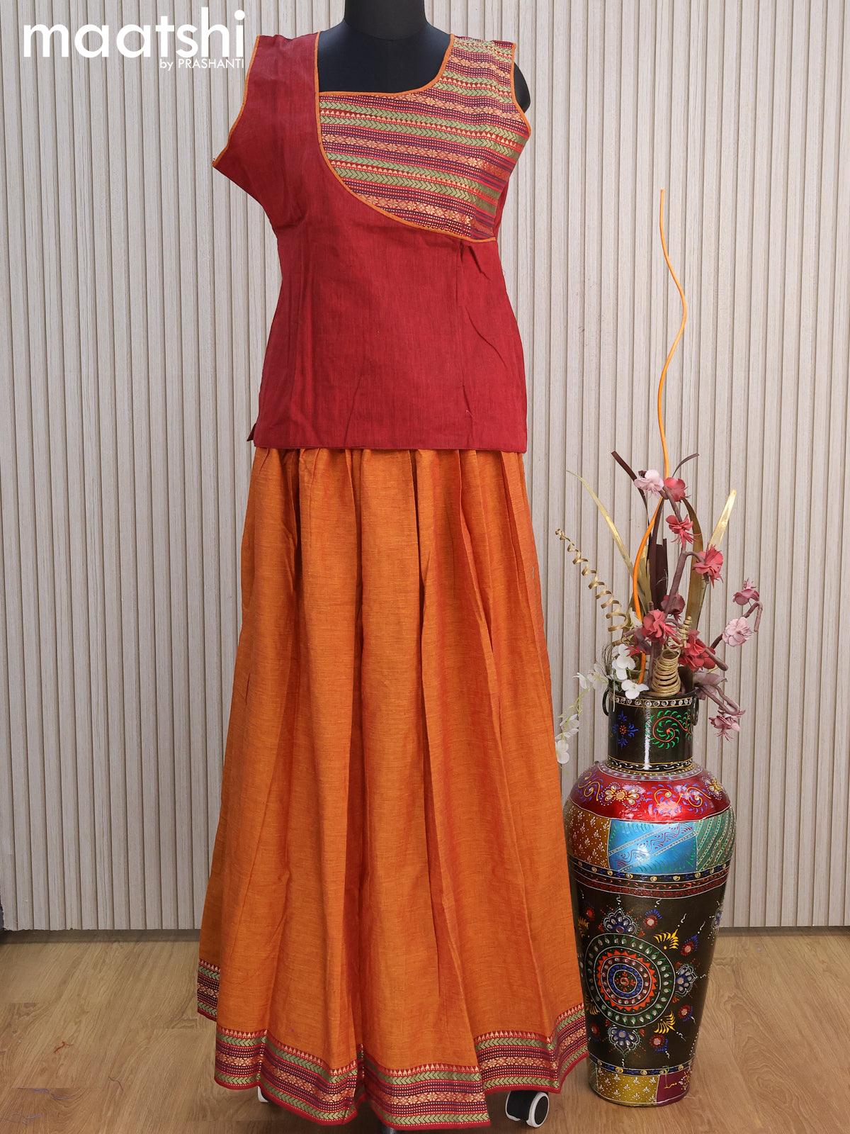 Mangalgiri cotton kids lehenga maroon and dark mustard with patch work neck pattern and woven border for 15 years