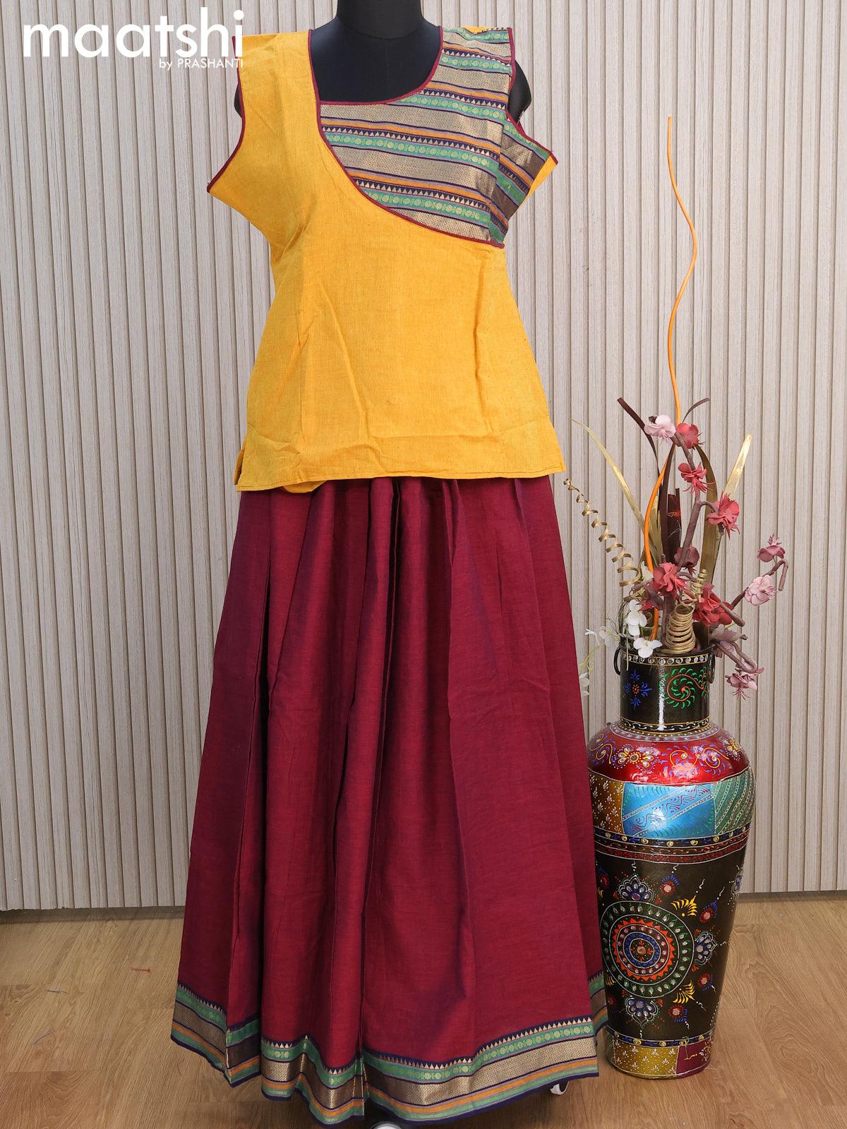 Mangalgiri cotton kids lehenga yellow shade and maroon with patch work neck pattern and woven border for 16 years