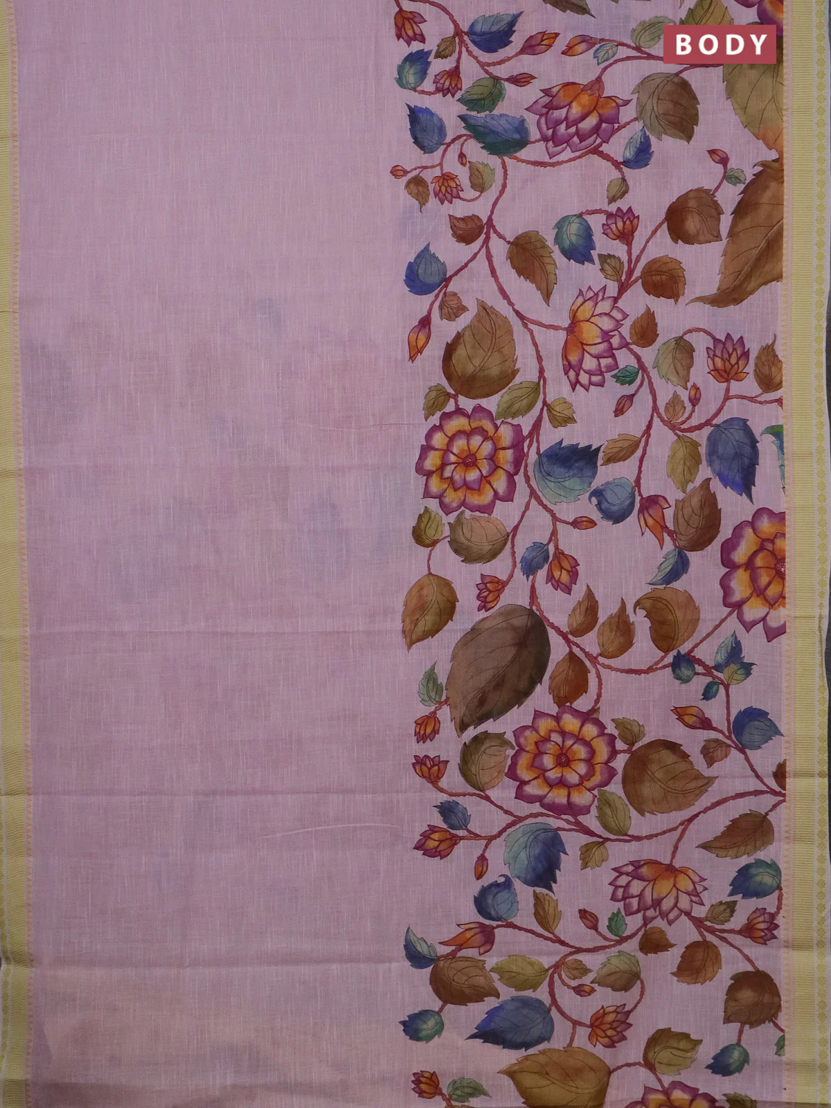 Mangalgiri cotton saree baby pink and lime green with allover floral prints and thread woven border - Image 2