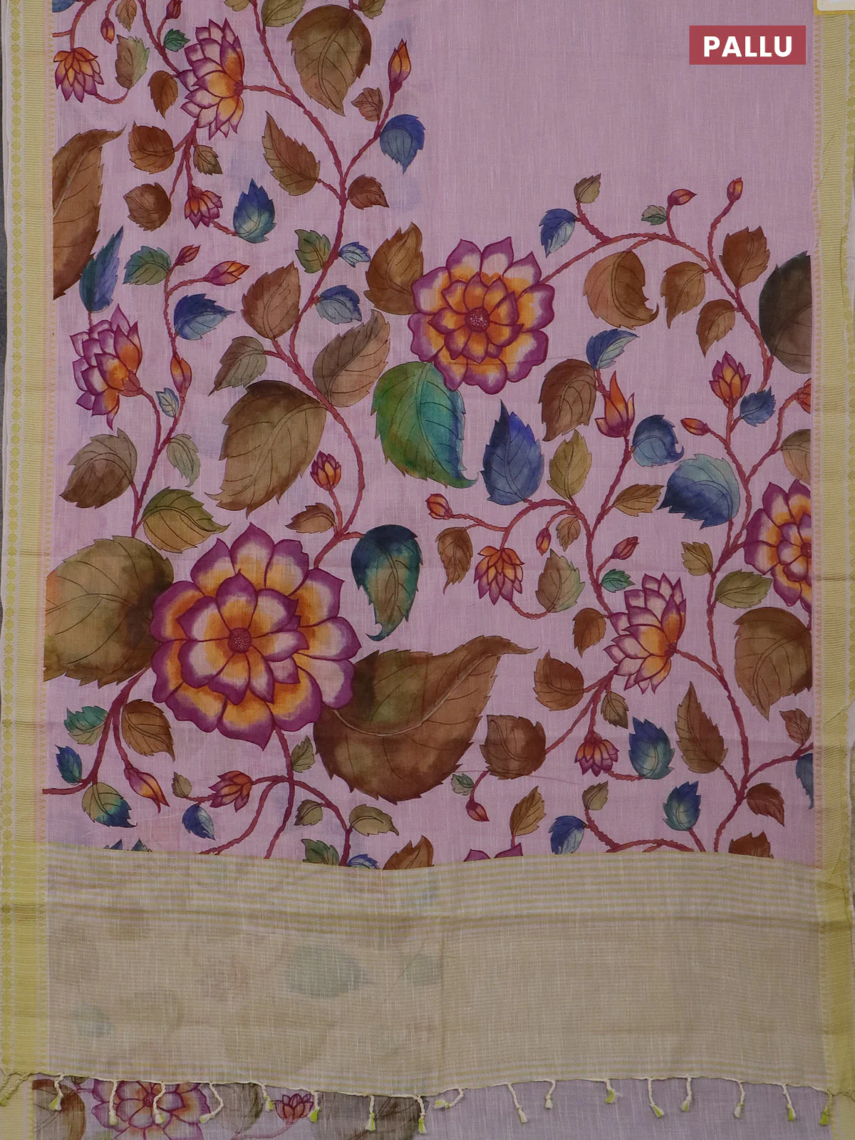 Mangalgiri cotton saree baby pink and lime green with allover floral prints and thread woven border - Image 3