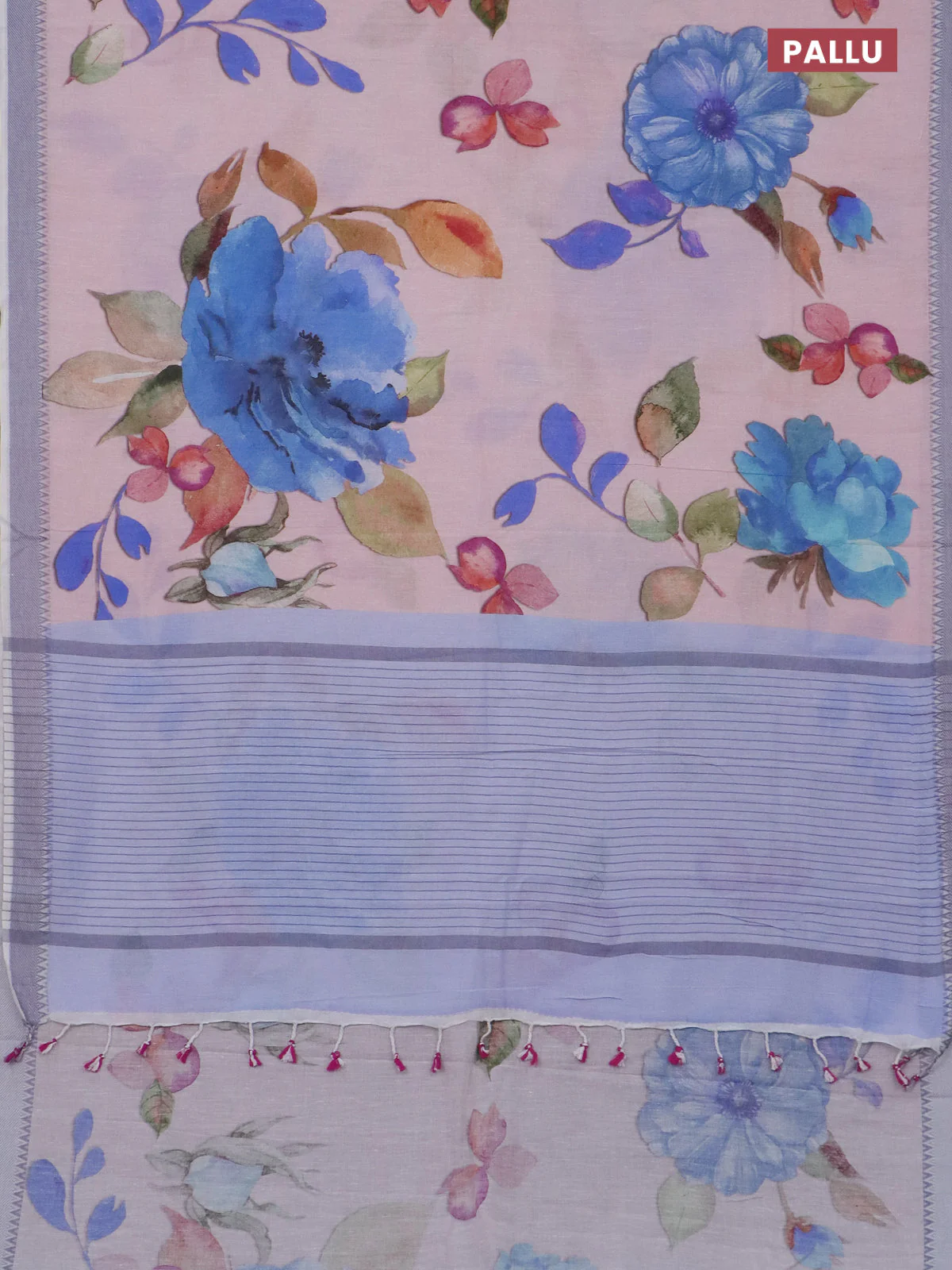 Mangalgiri cotton saree baby pink and off white grey with allover floral prints and thread woven border - Image 3
