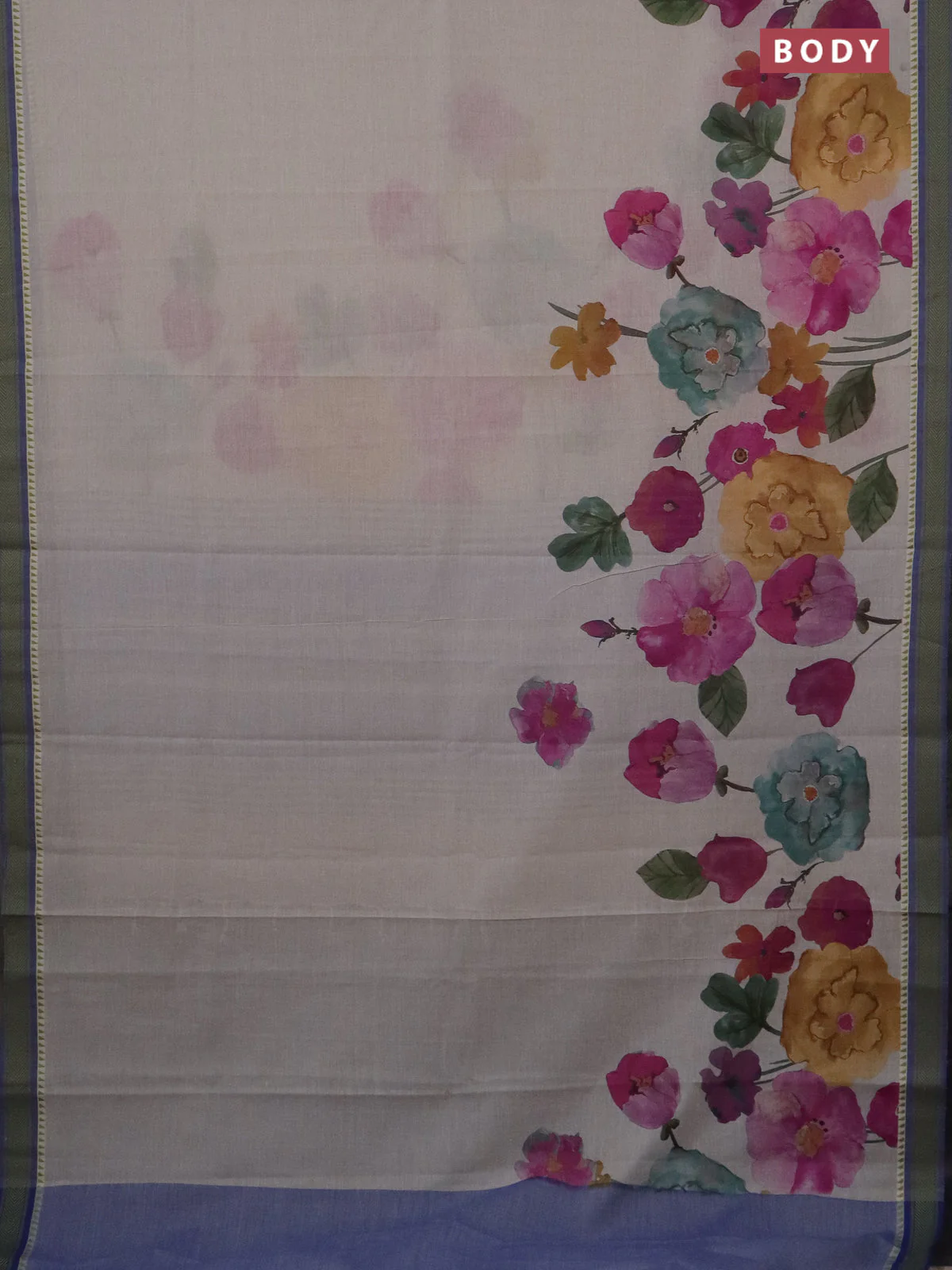 Mangalgiri cotton saree beige and blue with floral prints and thread woven border - Image 2