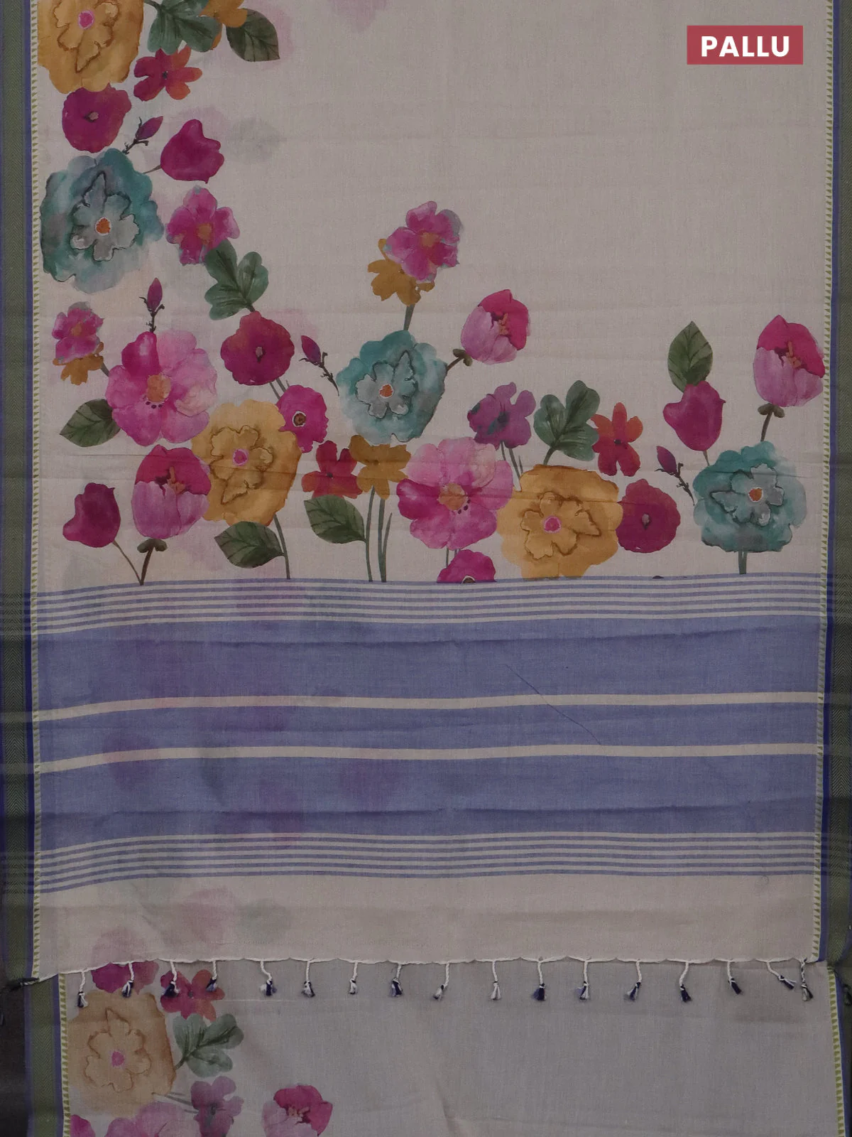 Mangalgiri cotton saree beige and blue with floral prints and thread woven border - Image 3