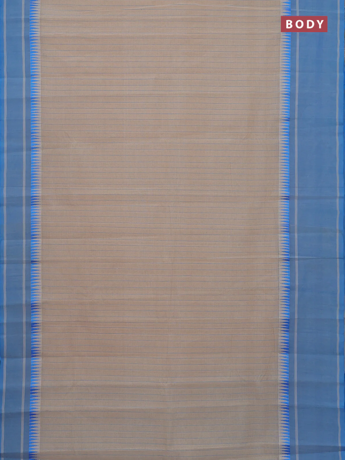 Mangalgiri cotton saree beige and cs blue with allover stripe pattern and temple design long rettapet border - Image 2