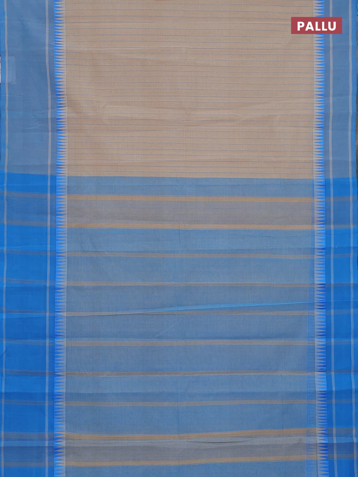 Mangalgiri cotton saree beige and cs blue with allover stripe pattern and temple design long rettapet border - Image 3