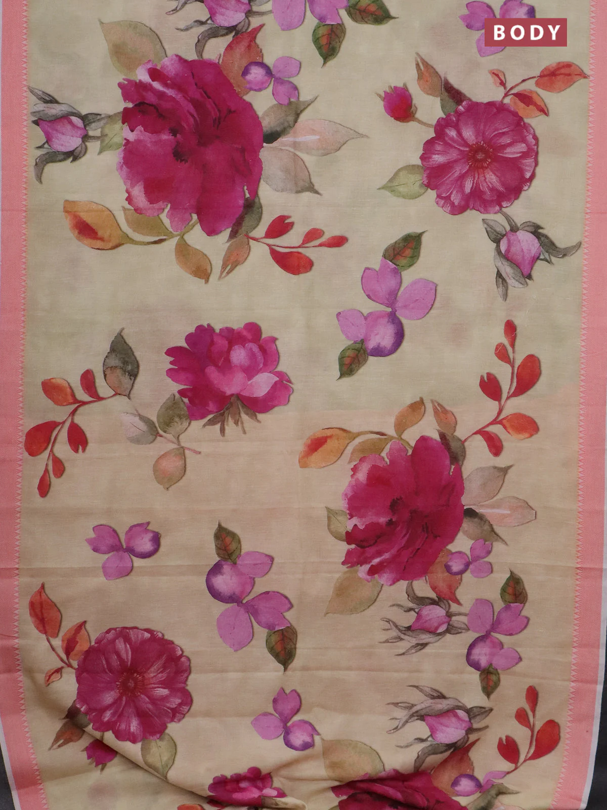 Mangalgiri cotton saree beige and peach orange with allover floral prints and thread woven border - Image 2