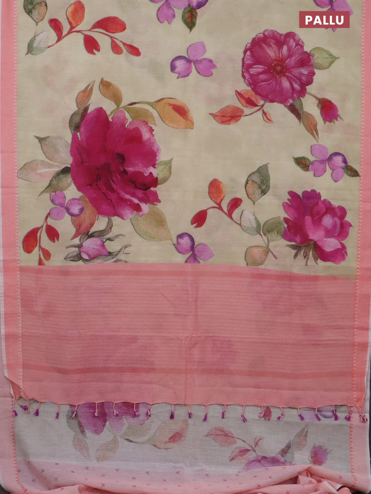Mangalgiri cotton saree beige and peach orange with allover floral prints and thread woven border - Image 3