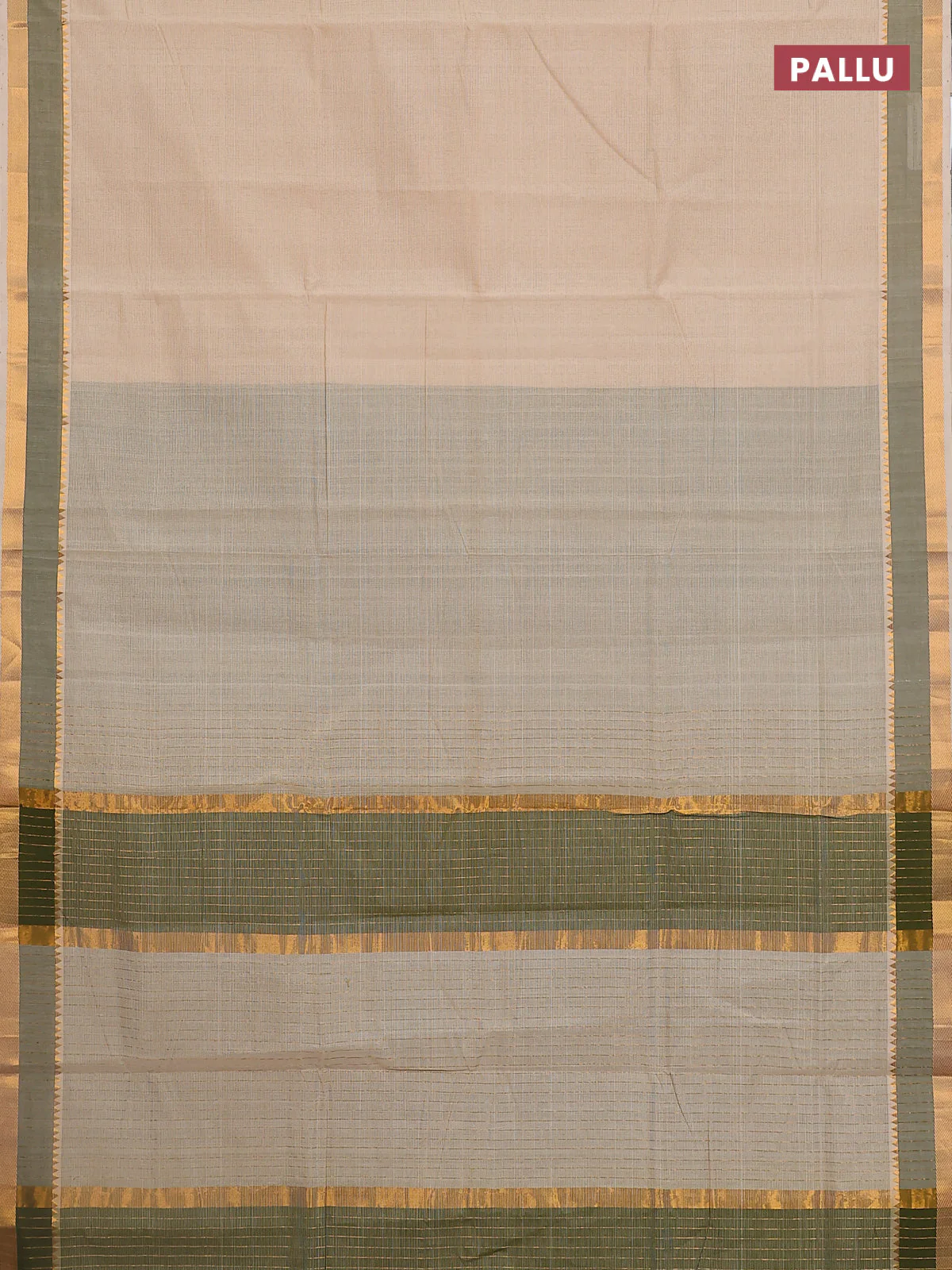 Mangalgiri cotton saree beige and sap green with plain body and rettapet zari woven border - Image 3