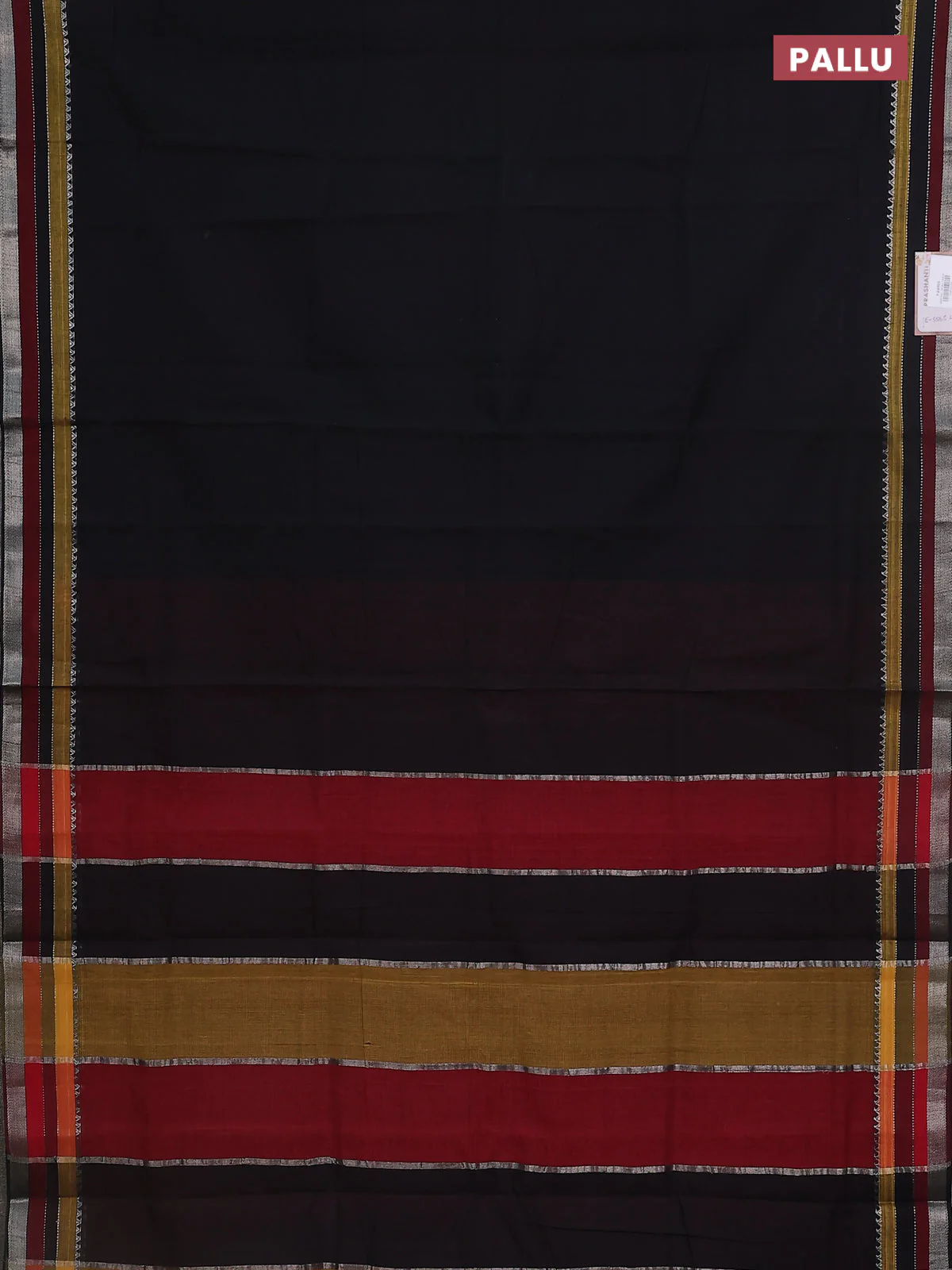 Mangalgiri cotton saree black and maroon with plain body and silver zari woven border - Image 3