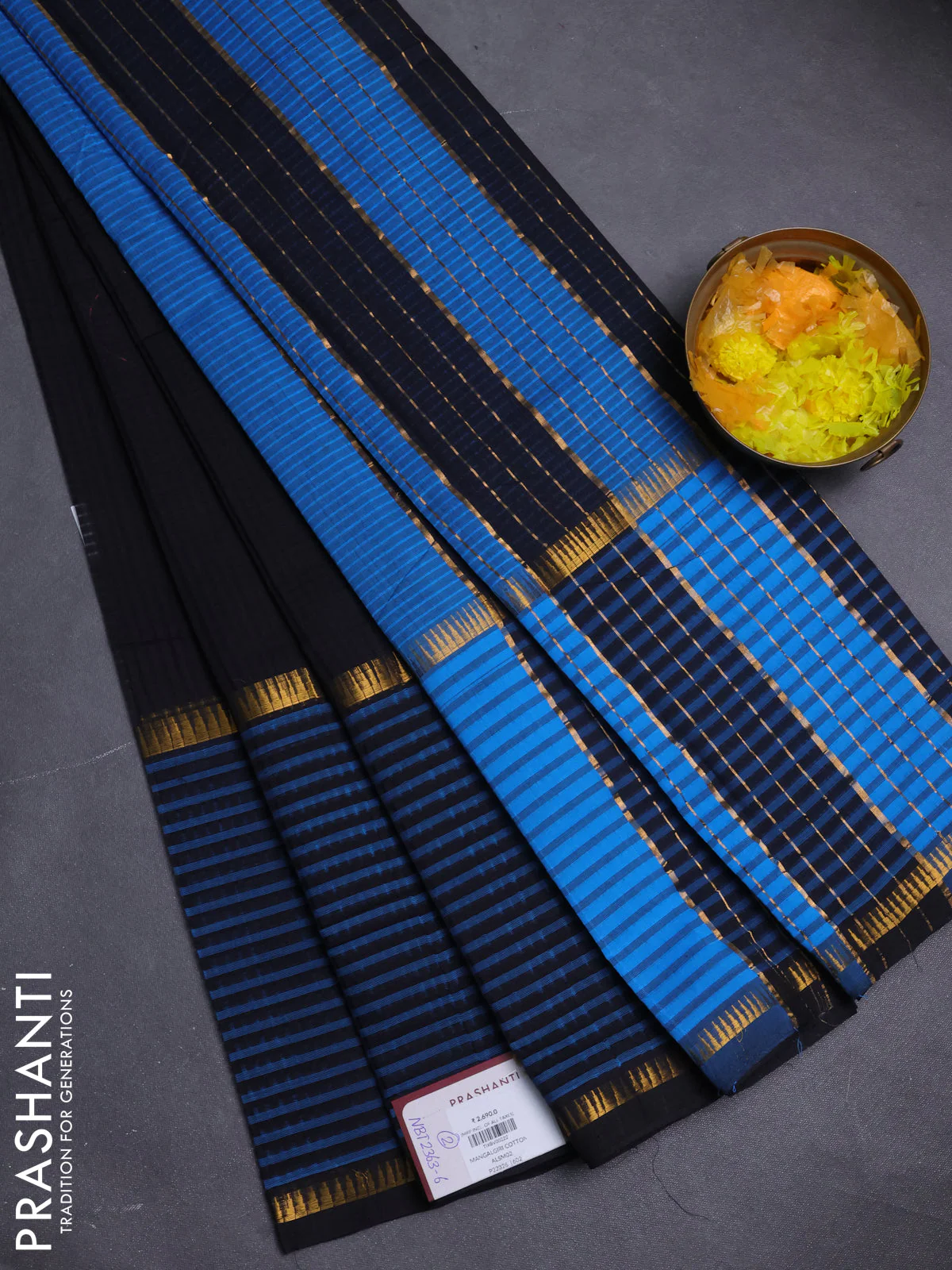 Mangalgiri cotton saree black and teal blue with allover small checked pattern and long rettapet zari woven border