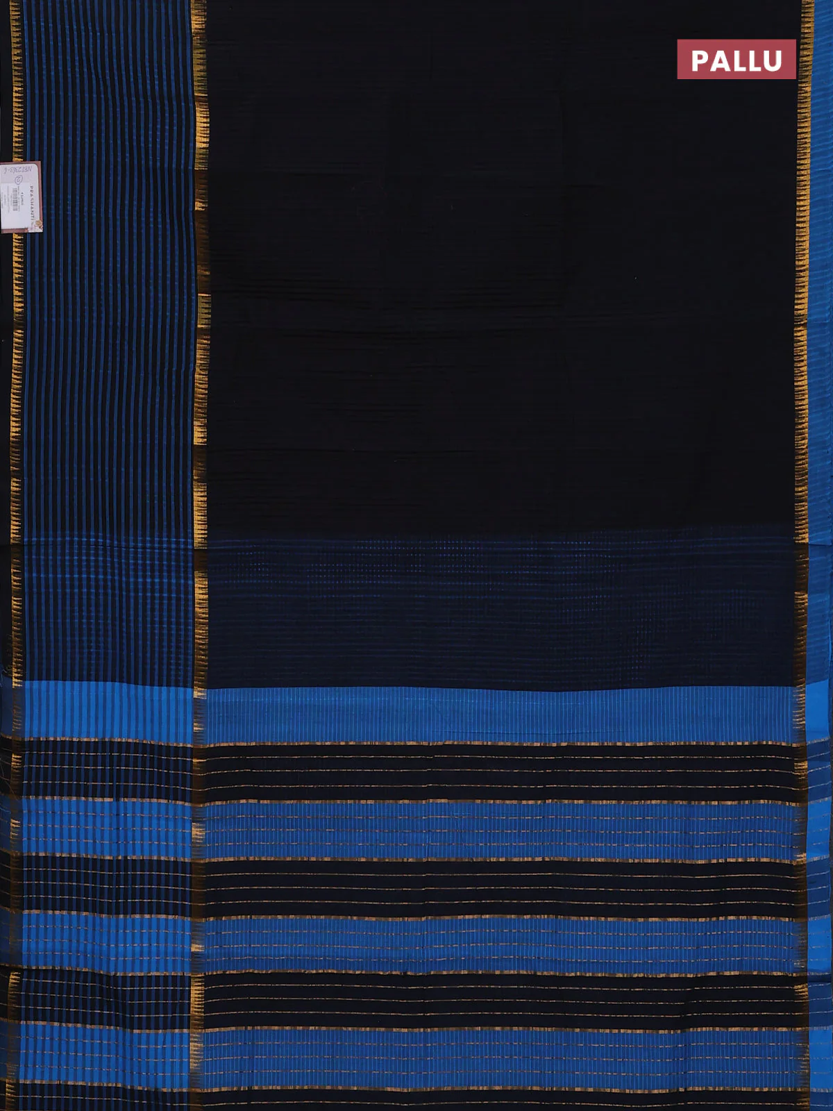 Mangalgiri cotton saree black and teal blue with allover small checked pattern and long rettapet zari woven border - Image 3