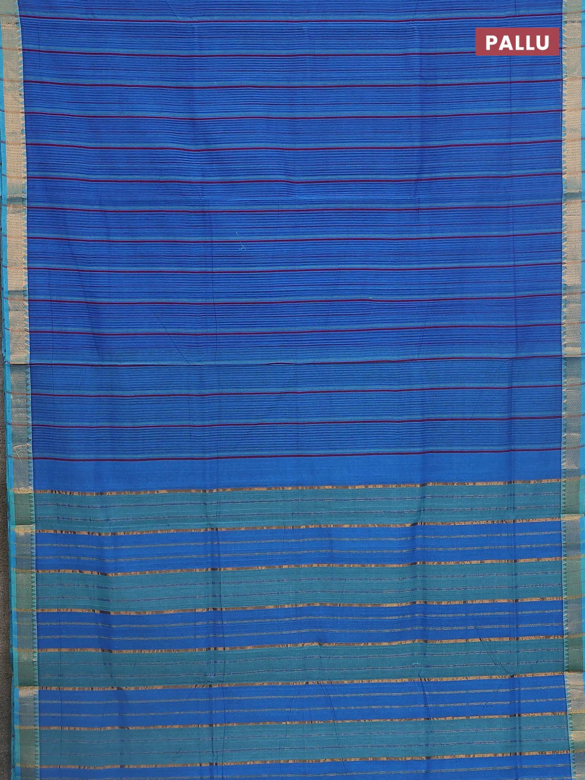 Mangalgiri cotton saree blue and teal green with allover stripe pattern and zari woven border - Image 3