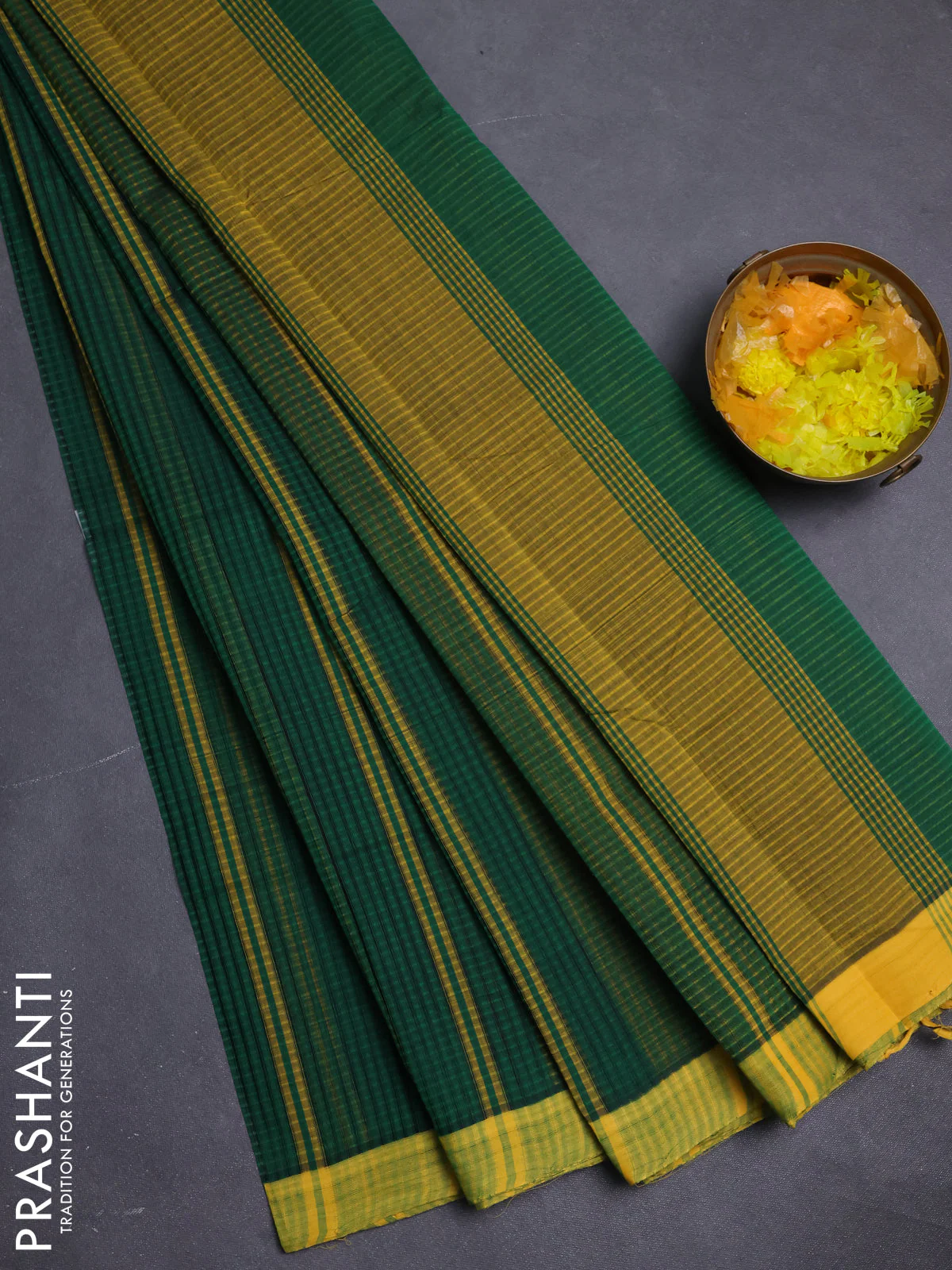 Mangalgiri cotton saree bottle green and yellow with stripe pattern and simple border