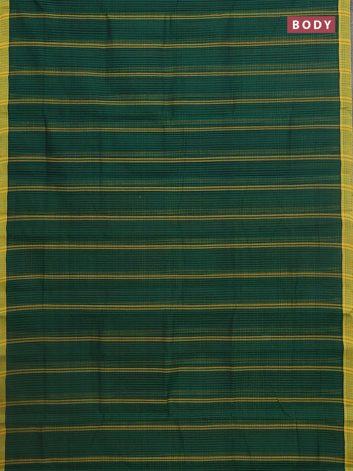 Mangalgiri cotton saree bottle green and yellow with stripe pattern and simple border - Image 2