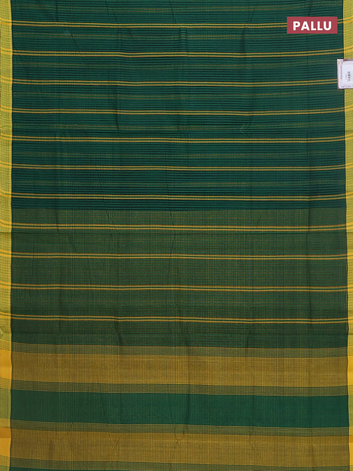 Mangalgiri cotton saree bottle green and yellow with stripe pattern and simple border - Image 3