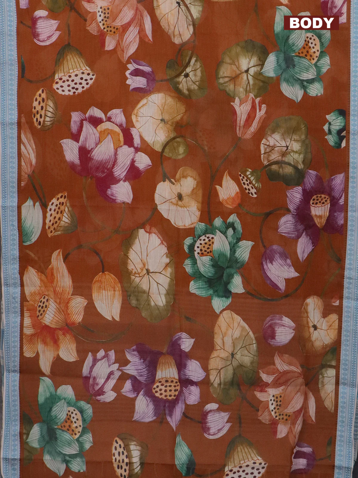 Mangalgiri cotton saree brown and cream blue with allover prints and thread woven border - Image 2