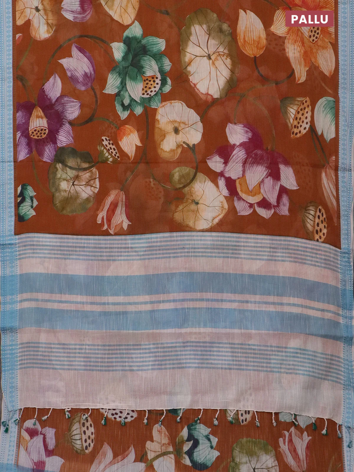 Mangalgiri cotton saree brown and cream blue with allover prints and thread woven border - Image 3