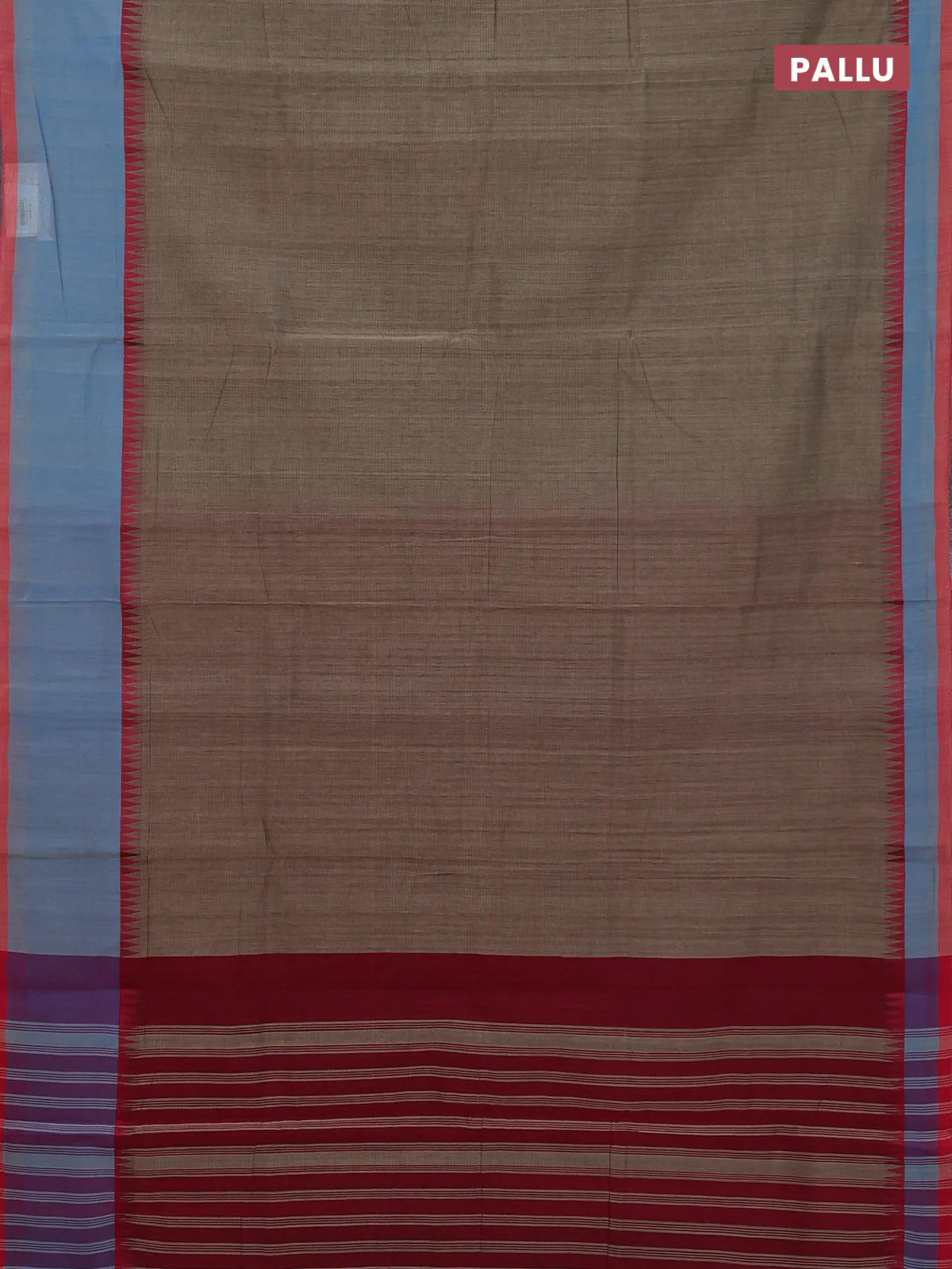 Mangalgiri cotton saree chikku shade and light blue red with palin body and temple design long rettapet border - Image 3