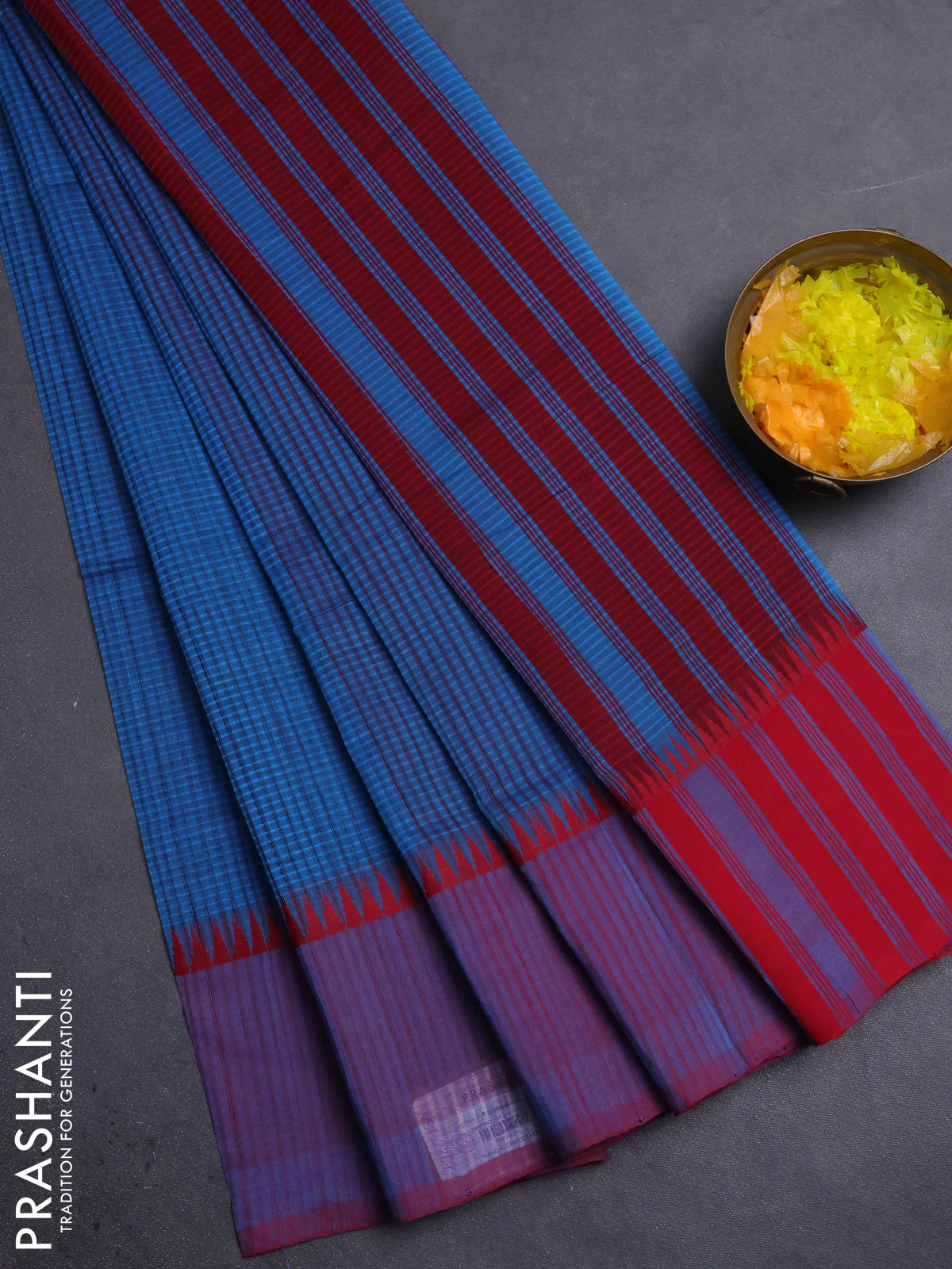 Mangalgiri cotton saree cs blue and red with allover small checked pattern and temple design simple border
