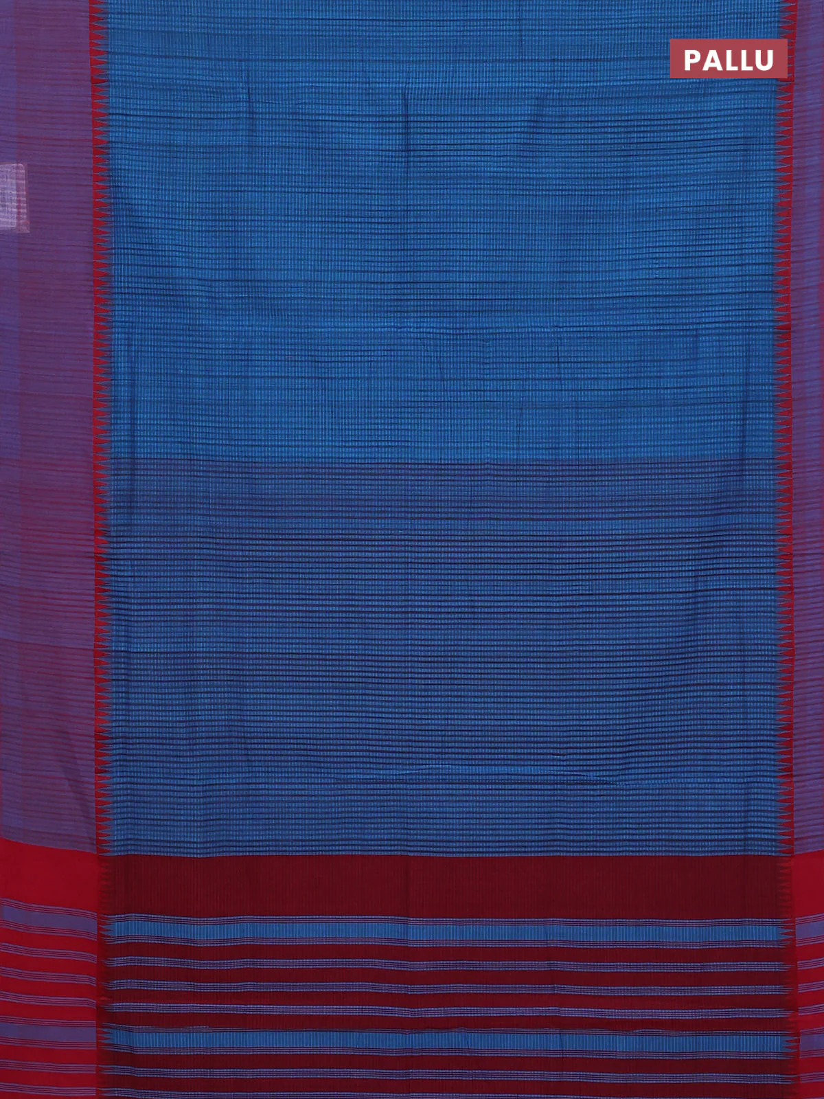 Mangalgiri cotton saree cs blue and red with allover small checked pattern and temple design simple border - Image 3