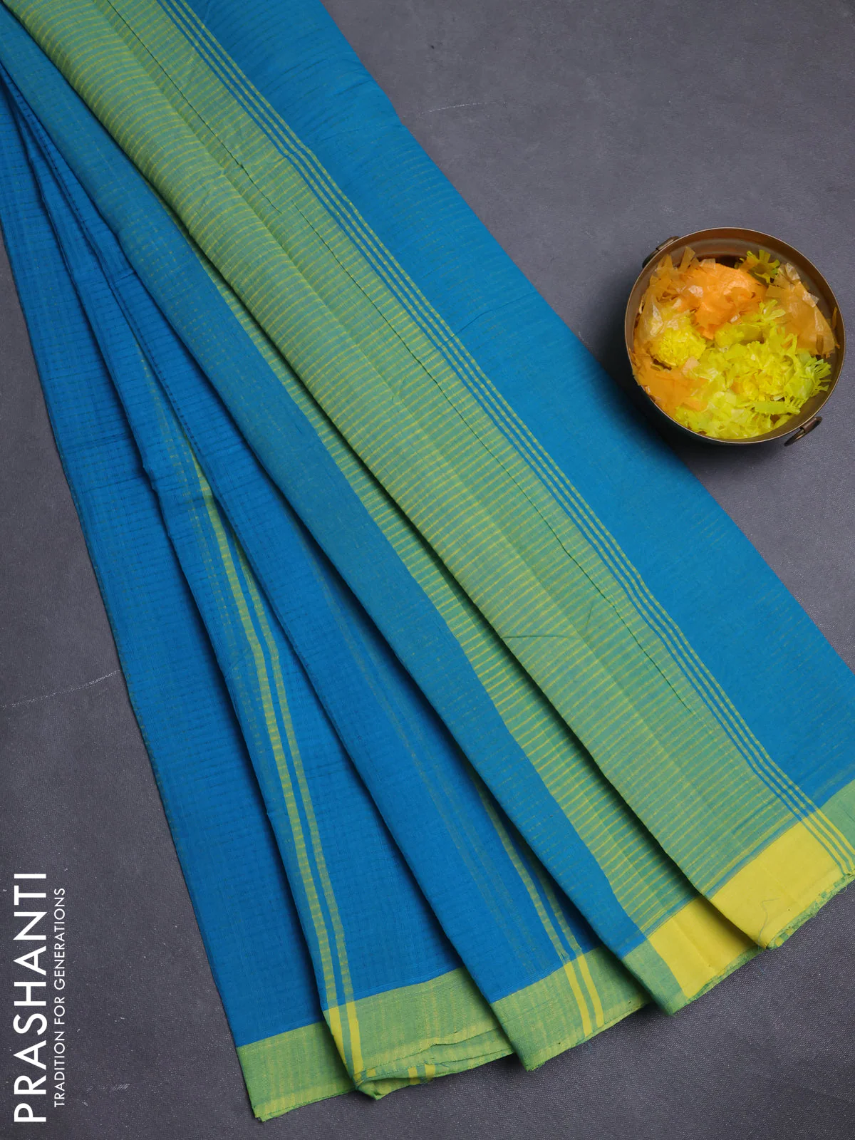 Mangalgiri cotton saree cs blue and yellow with stripe pattern and simple border