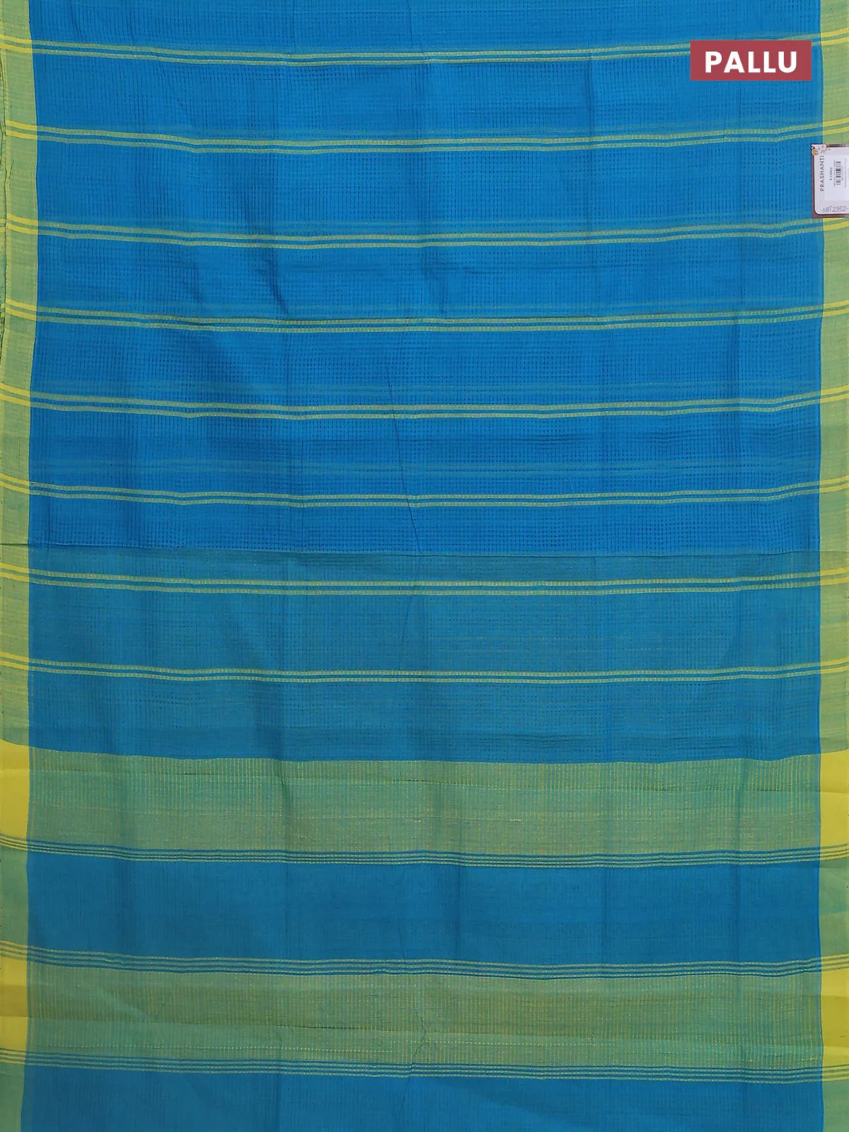 Mangalgiri cotton saree cs blue and yellow with stripe pattern and simple border - Image 3