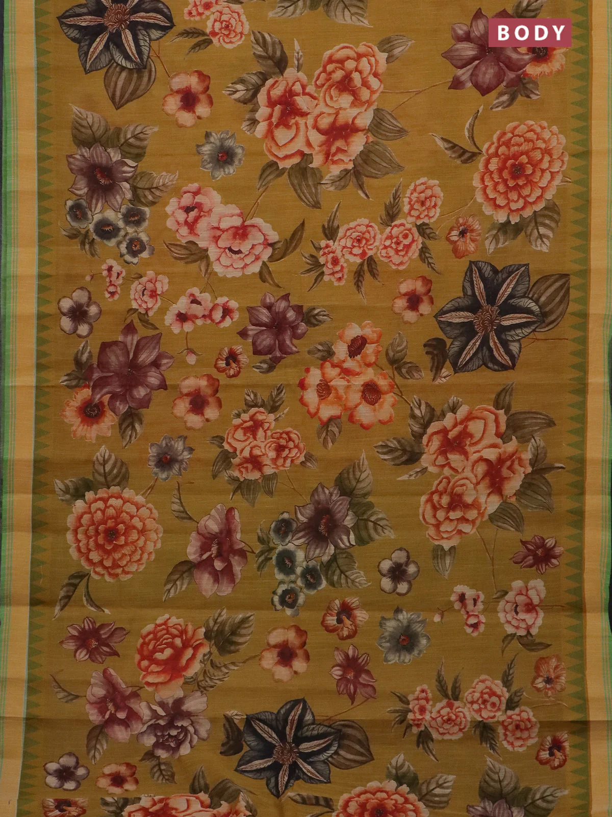Mangalgiri cotton saree dark mustard and green with allover floral prints and temple design simple border - Image 2