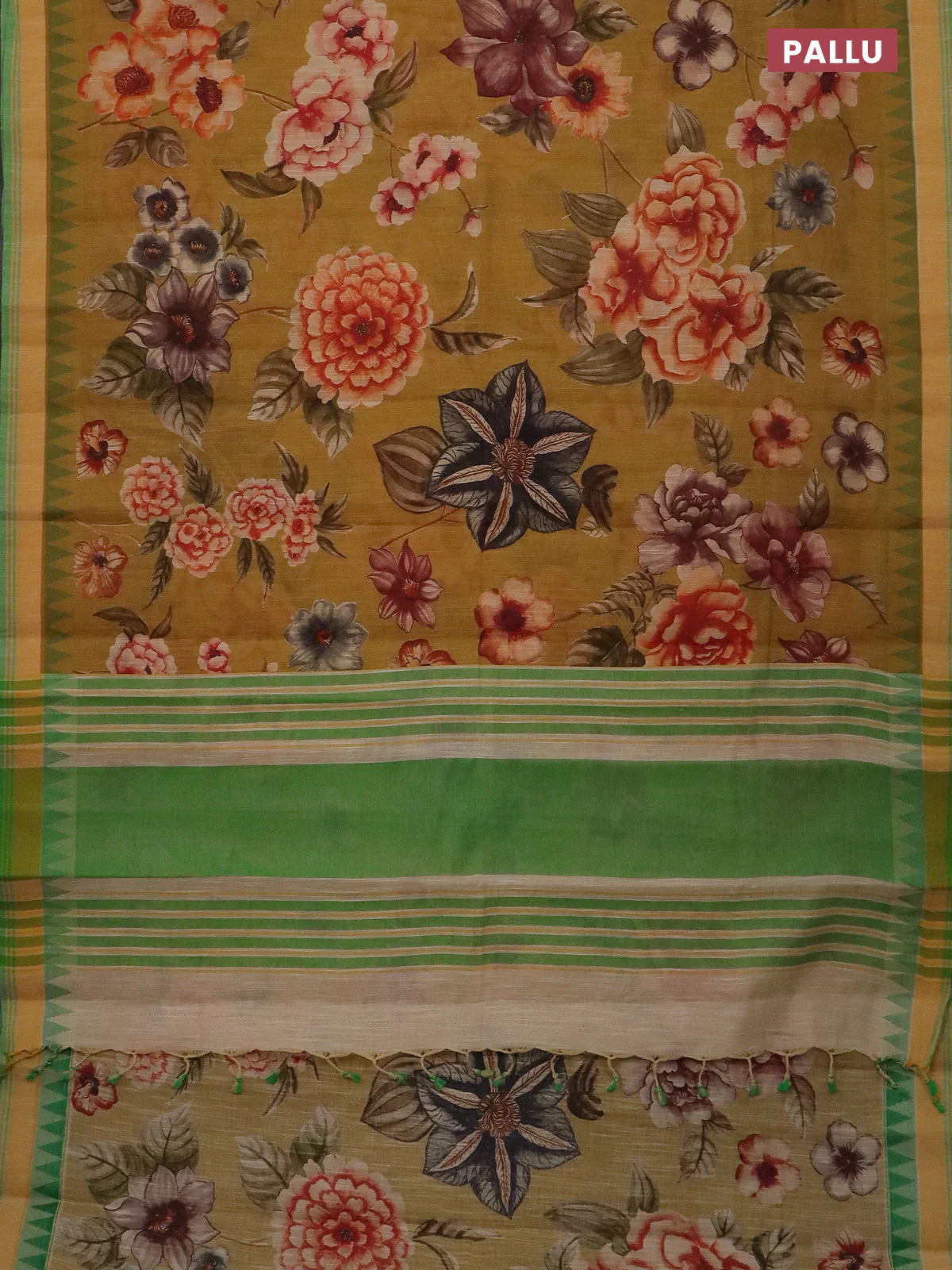 Mangalgiri cotton saree dark mustard and green with allover floral prints and temple design simple border - Image 3