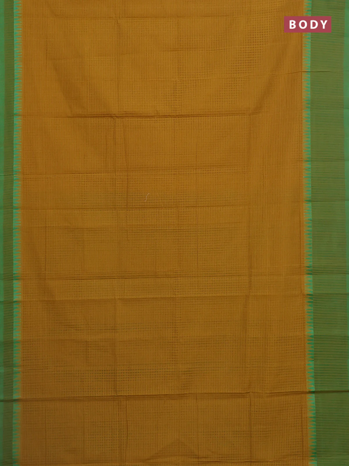 Mangalgiri cotton saree dark mustard and green with allover small checked pattern and temple design simple border - Image 2