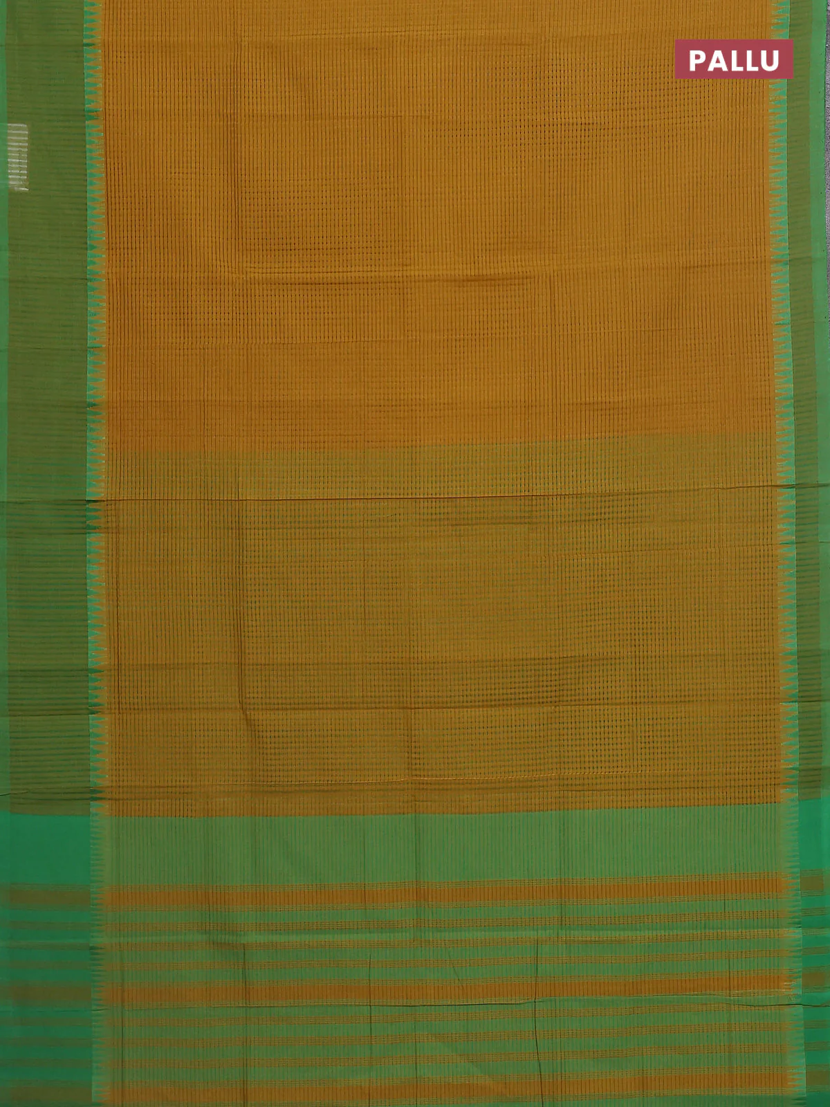 Mangalgiri cotton saree dark mustard and green with allover small checked pattern and temple design simple border - Image 3