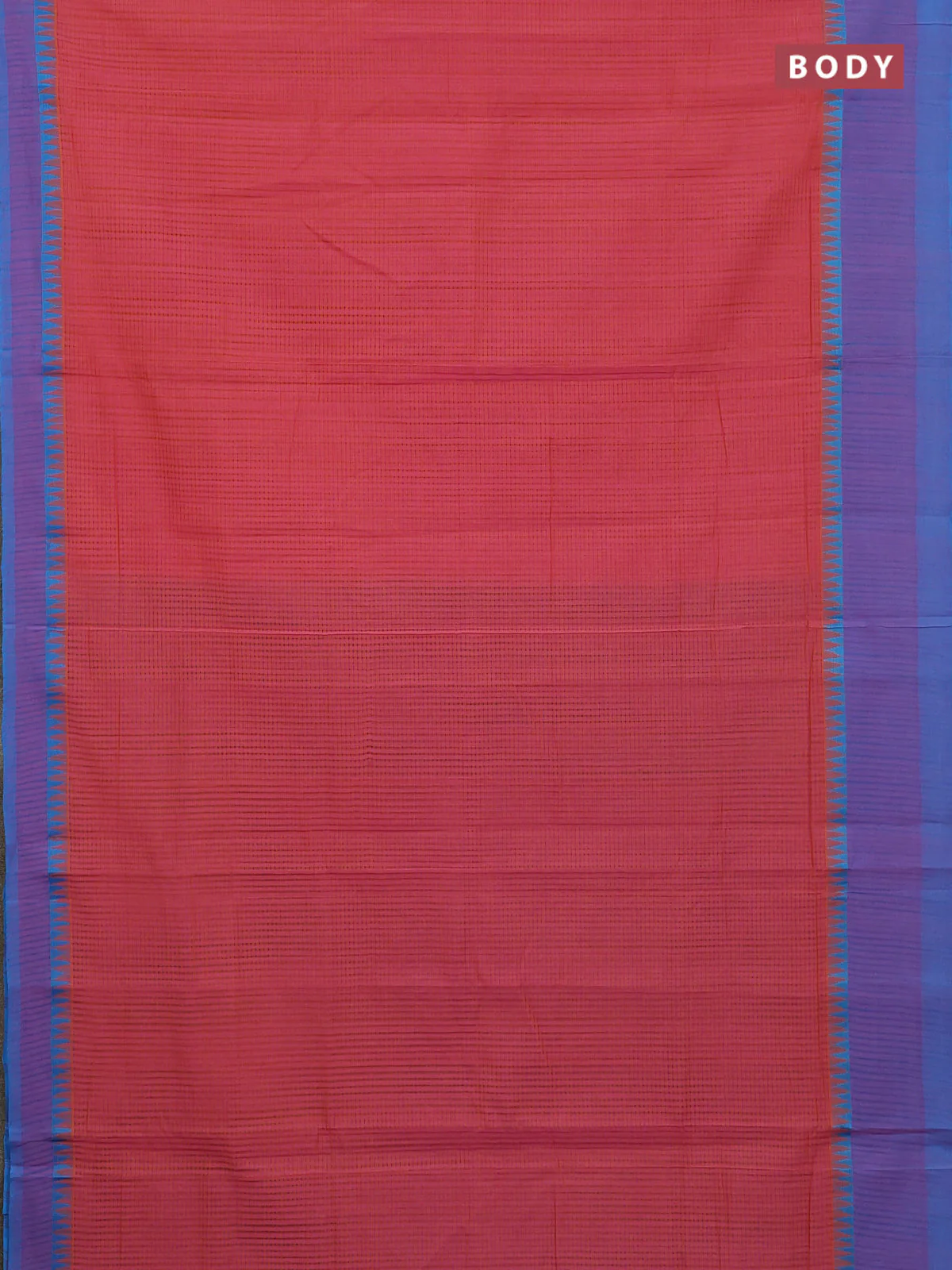 Mangalgiri cotton saree dua shade of pinkish mustard and cs blue with allover small checked pattern and temple design simple border - Image 2