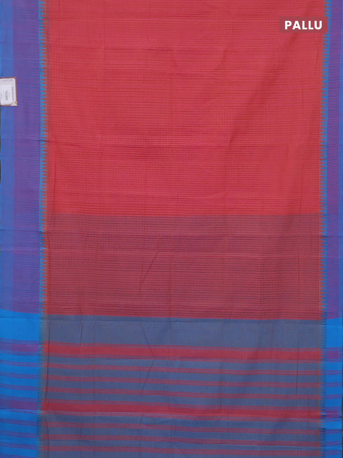 Mangalgiri cotton saree dua shade of pinkish mustard and cs blue with allover small checked pattern and temple design simple border - Image 3