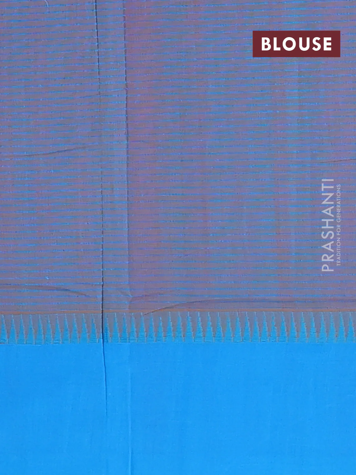 Mangalgiri cotton saree dua shade of pinkish mustard and cs blue with allover small checked pattern and temple design simple border - Image 4
