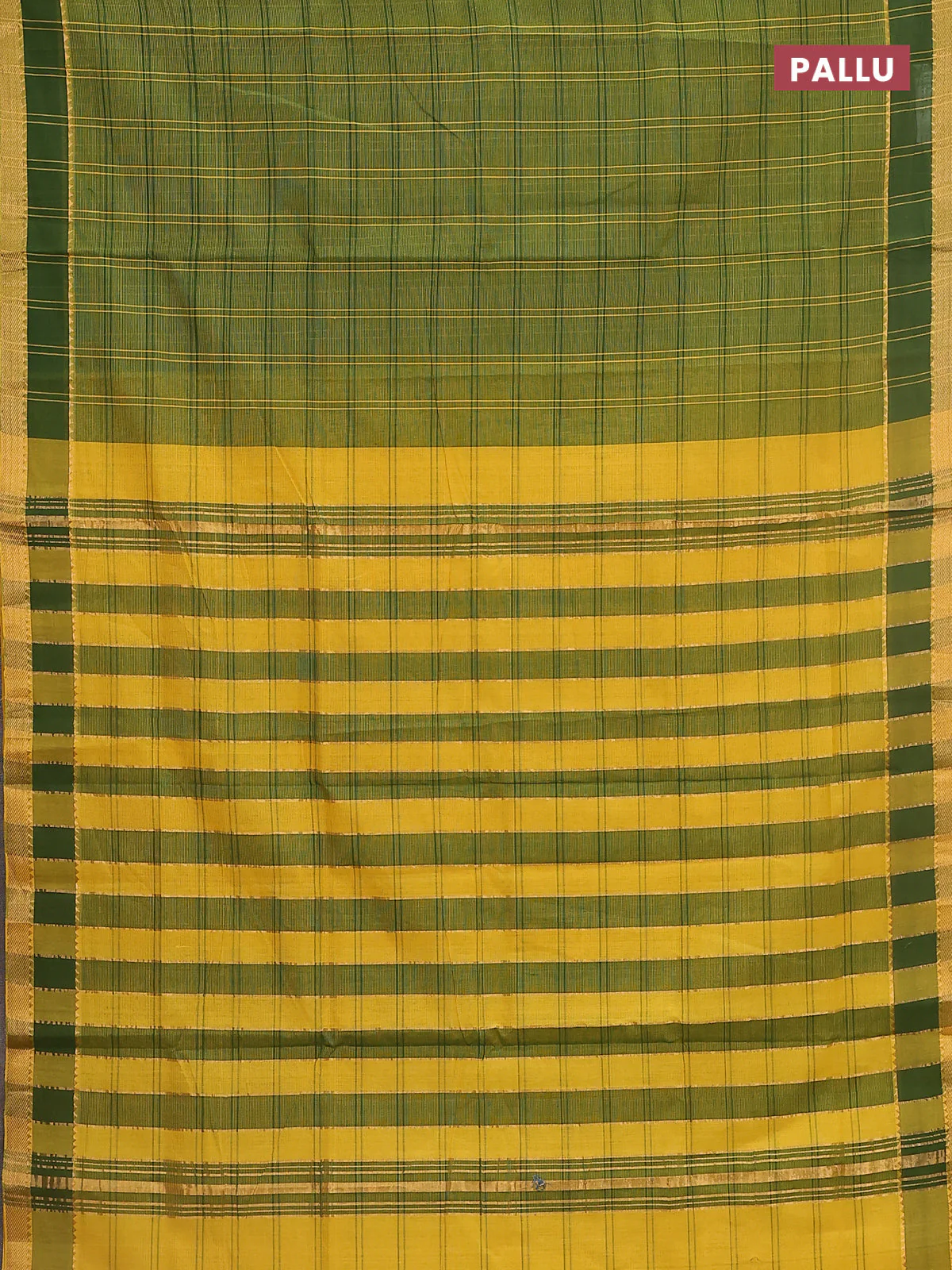 Mangalgiri cotton saree dual shade of green and yellow with allover checked pattern and rettapet zari woven border - Image 3