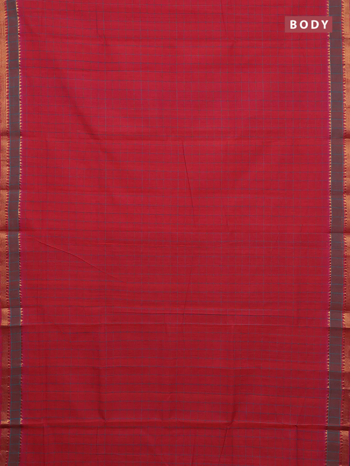 Mangalgiri cotton saree dual shade of pinkish orange and dual shade of teal blue with allover checked pattern and rettapet zari woven border - Image 2