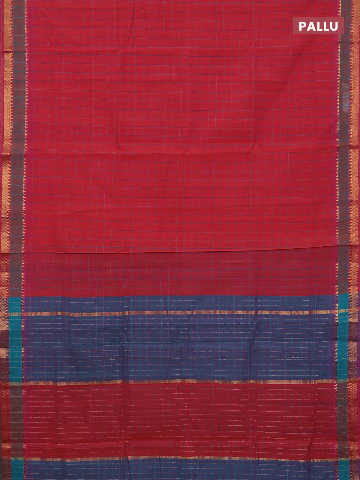 Mangalgiri cotton saree dual shade of pinkish orange and dual shade of teal blue with allover checked pattern and rettapet zari woven border - Image 3