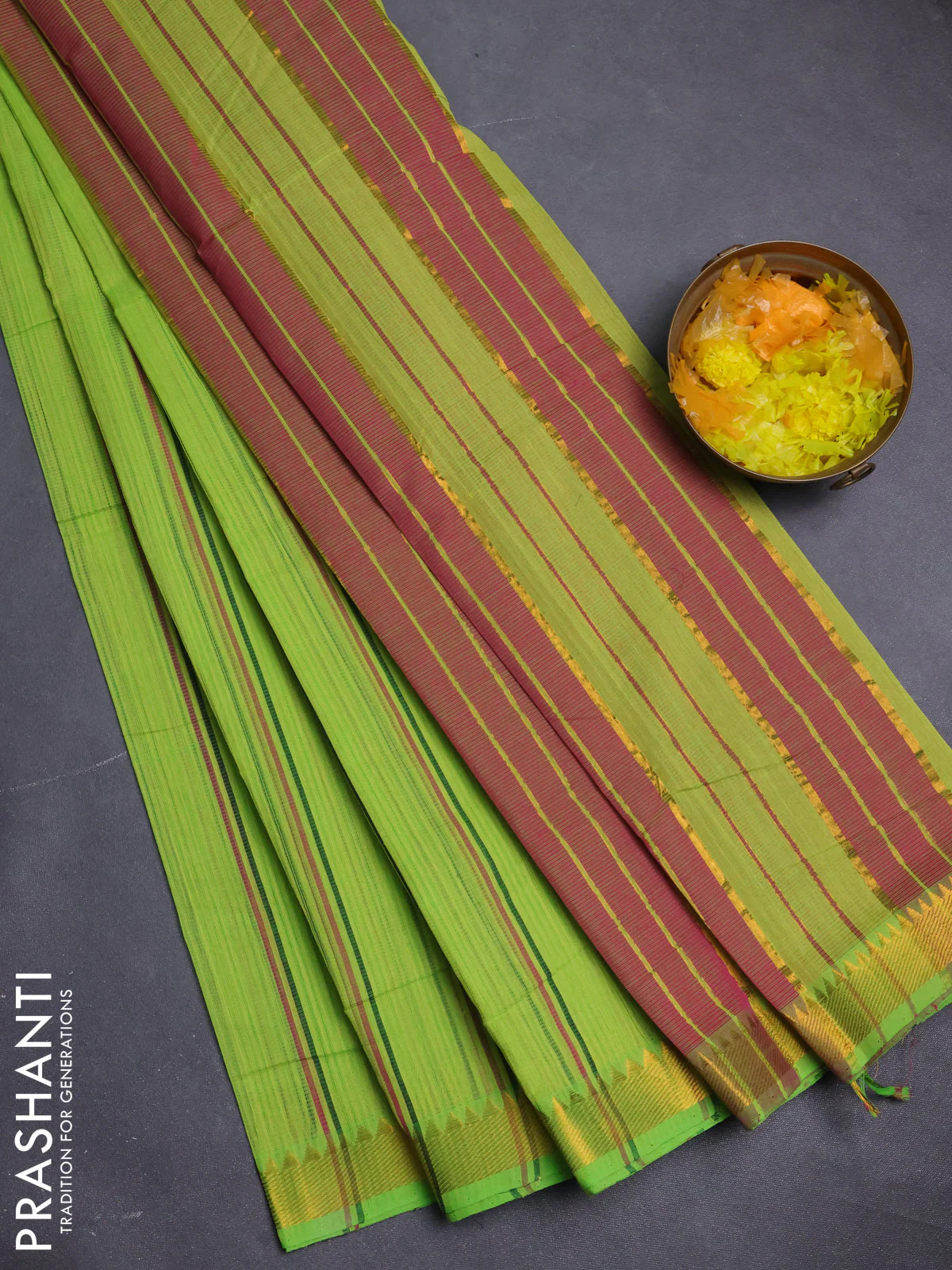 Mangalgiri cotton saree fluorescent green and pink with allover stripe pattern and zari woven border