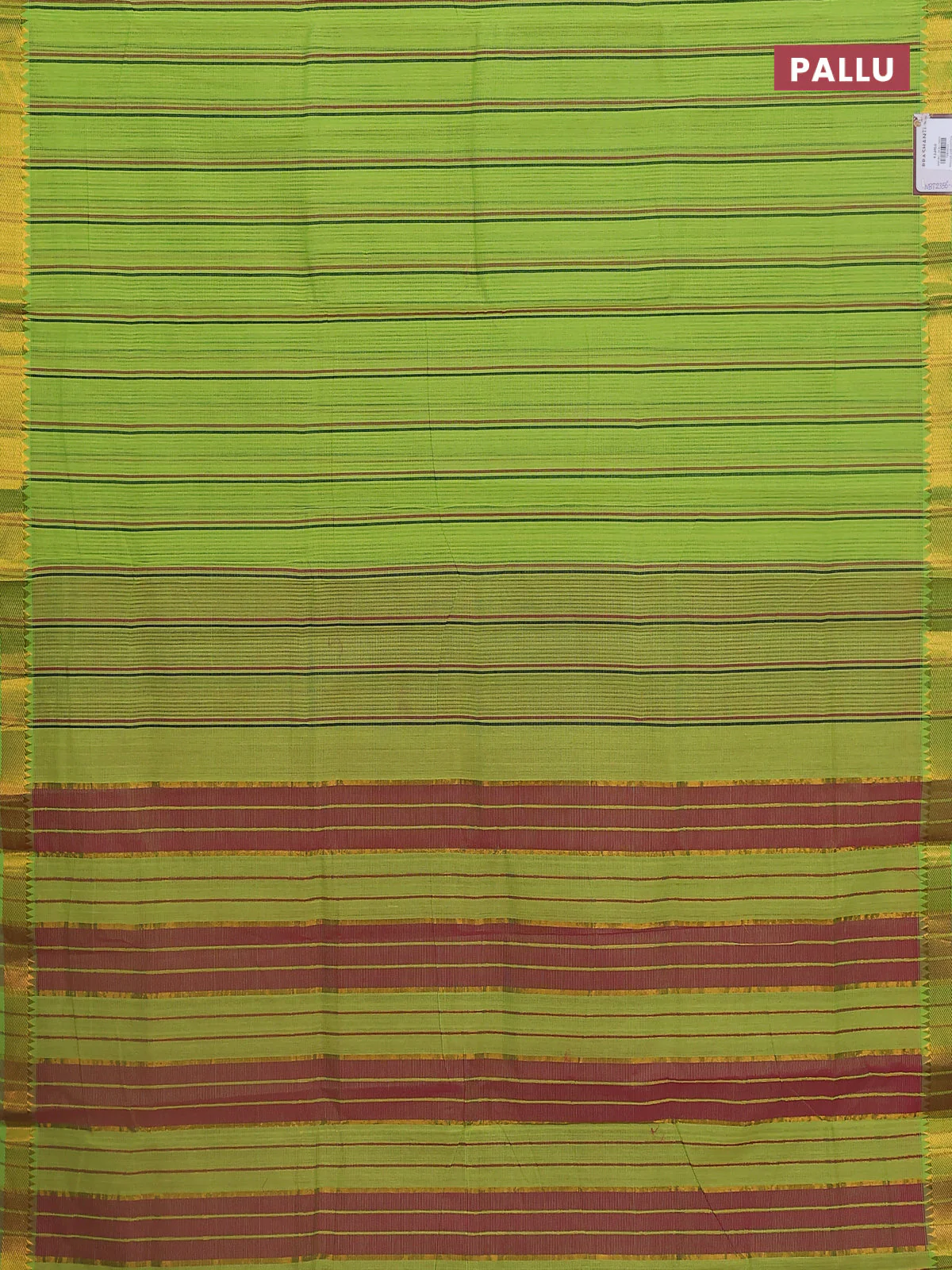 Mangalgiri cotton saree fluorescent green and pink with allover stripe pattern and zari woven border - Image 3