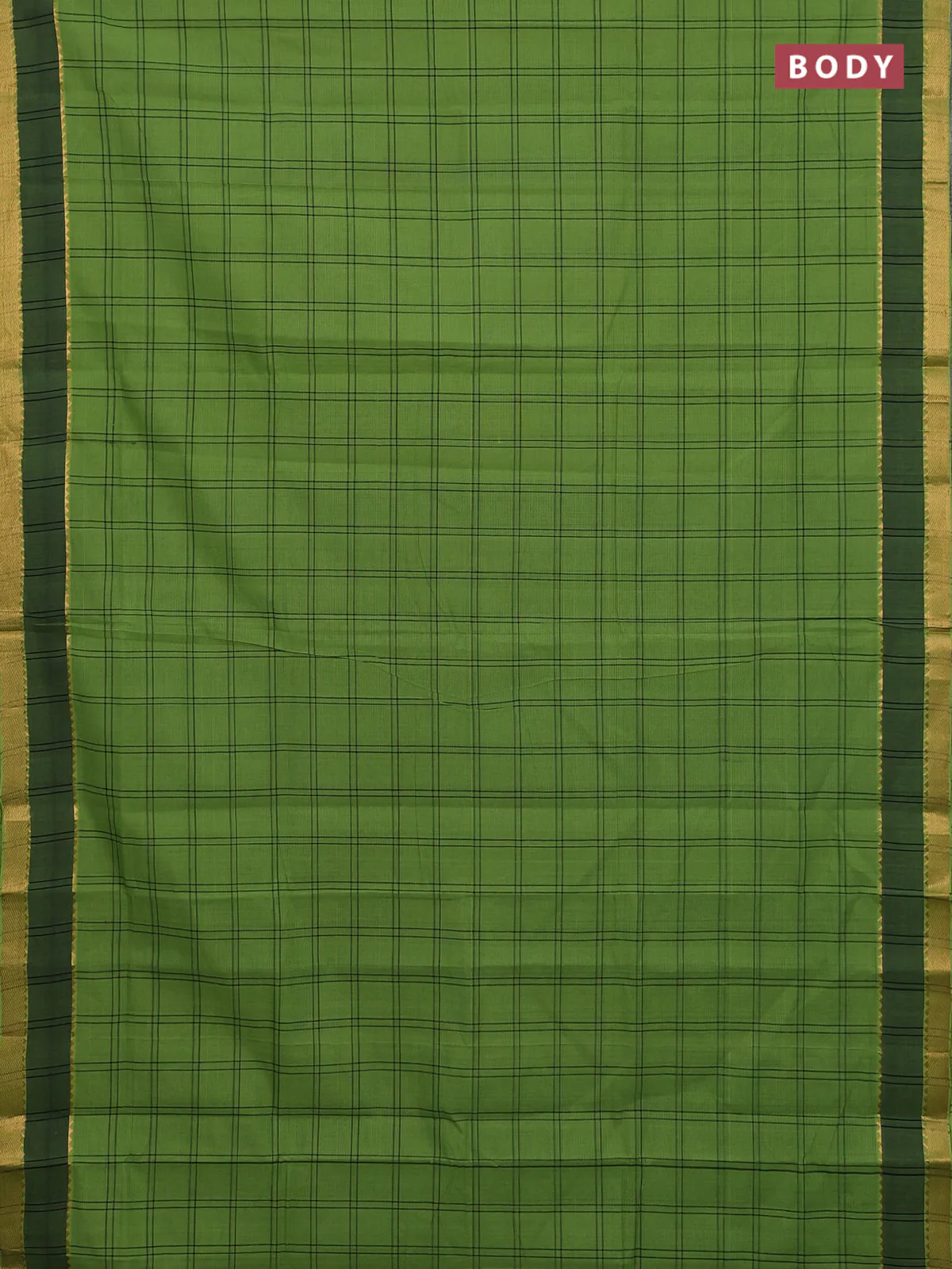 Mangalgiri cotton saree green and black with allover checked pattern and rettapet zari woven border - Image 2