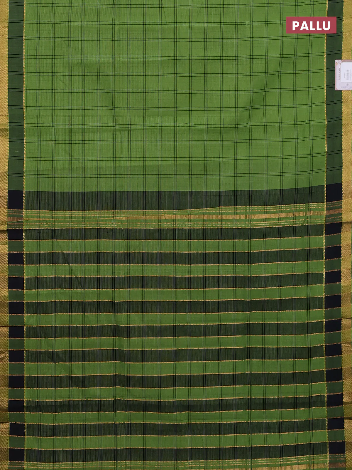 Mangalgiri cotton saree green and black with allover checked pattern and rettapet zari woven border - Image 3